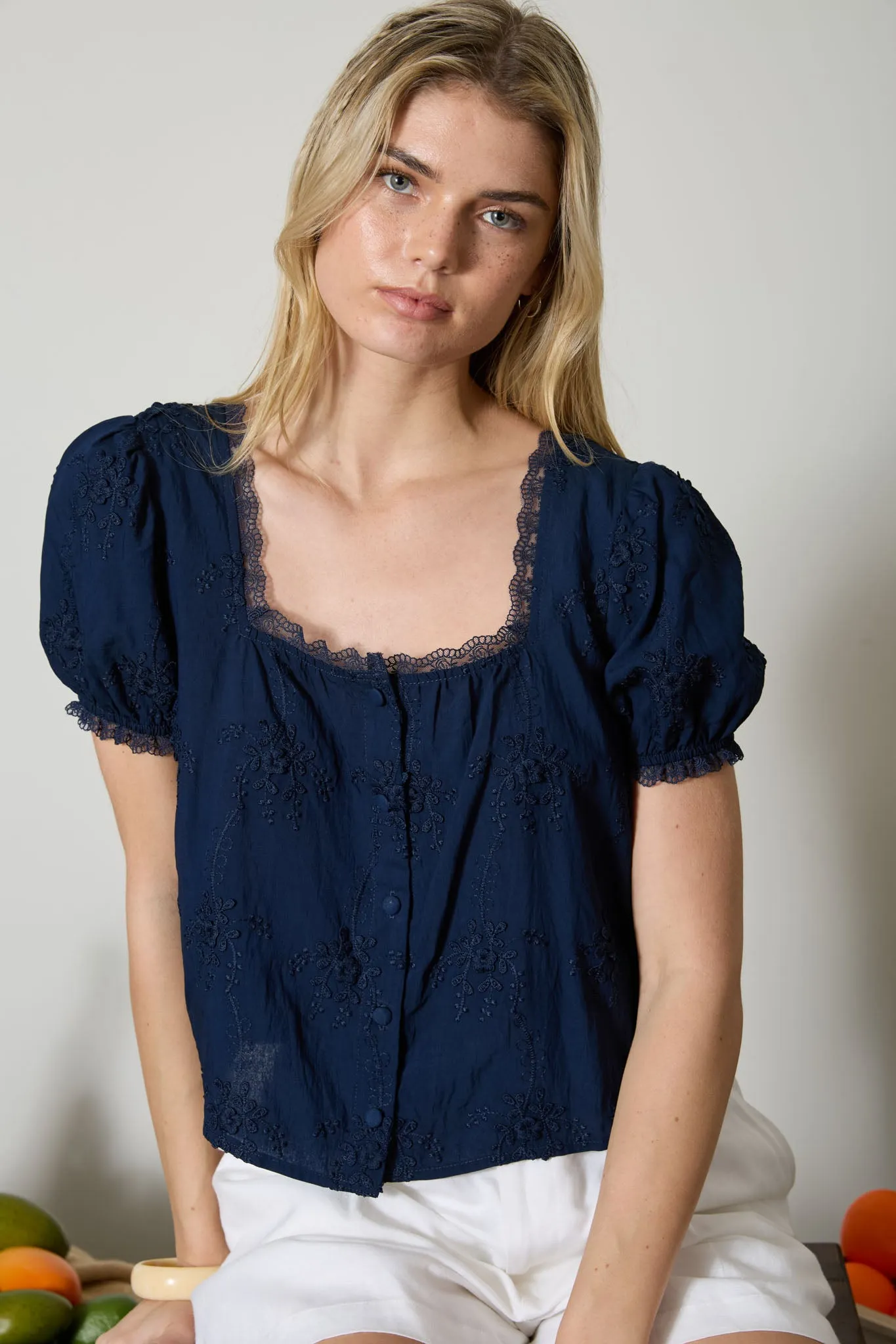 FLORAL EMBROIDERY LACE TRIM PUFF SLEEVE TOP sold by Blu Pepper product image thumbnail 5
