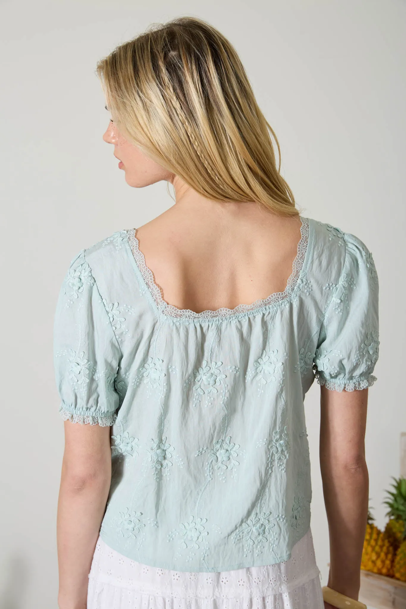 FLORAL EMBROIDERY LACE TRIM PUFF SLEEVE TOP sold by Blu Pepper product image thumbnail 2