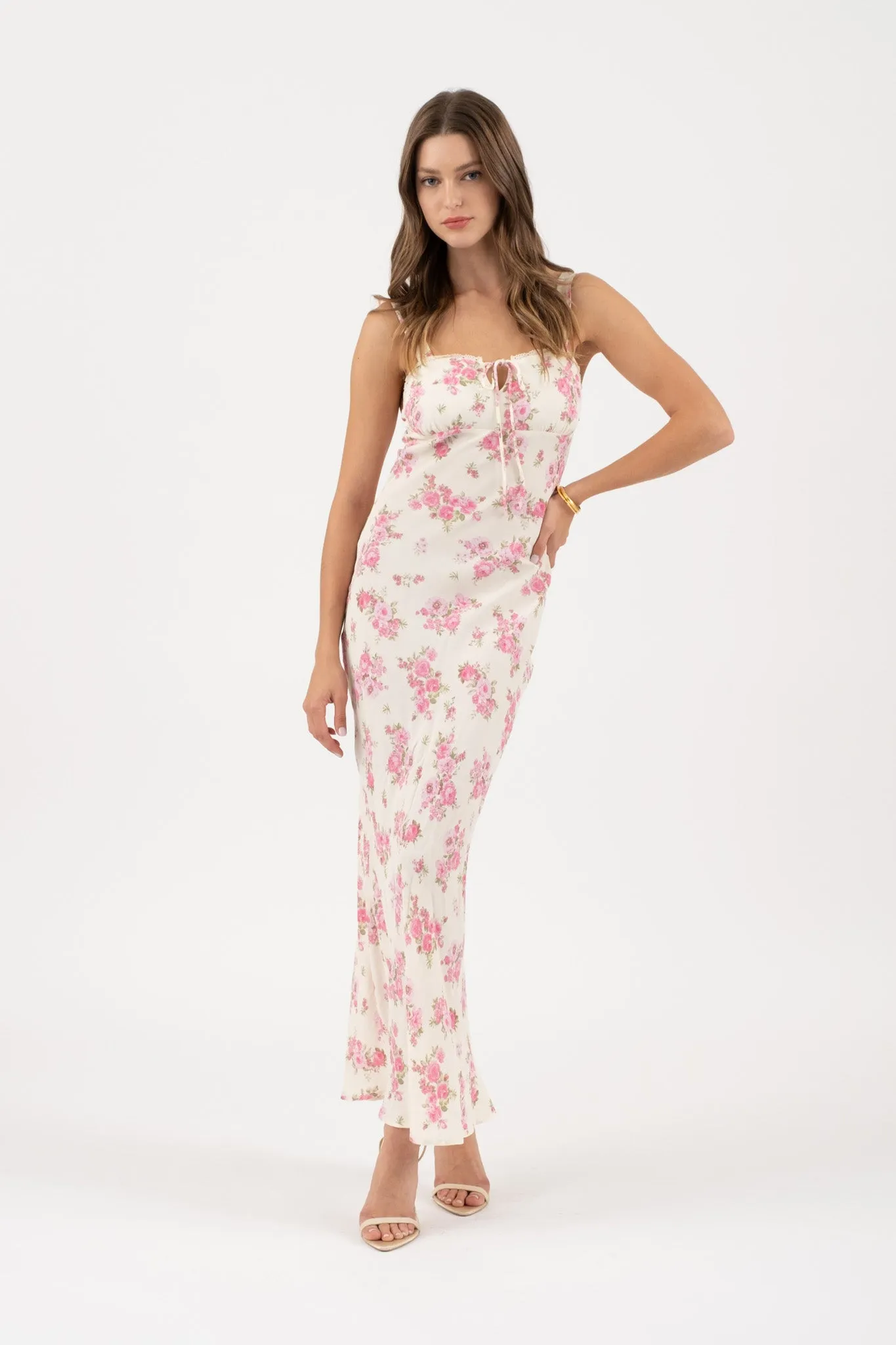 FLORAL FRONT TIE SPAGHETTI STRAP MIDI DRESS sold by Blu Pepper product image thumbnail 5