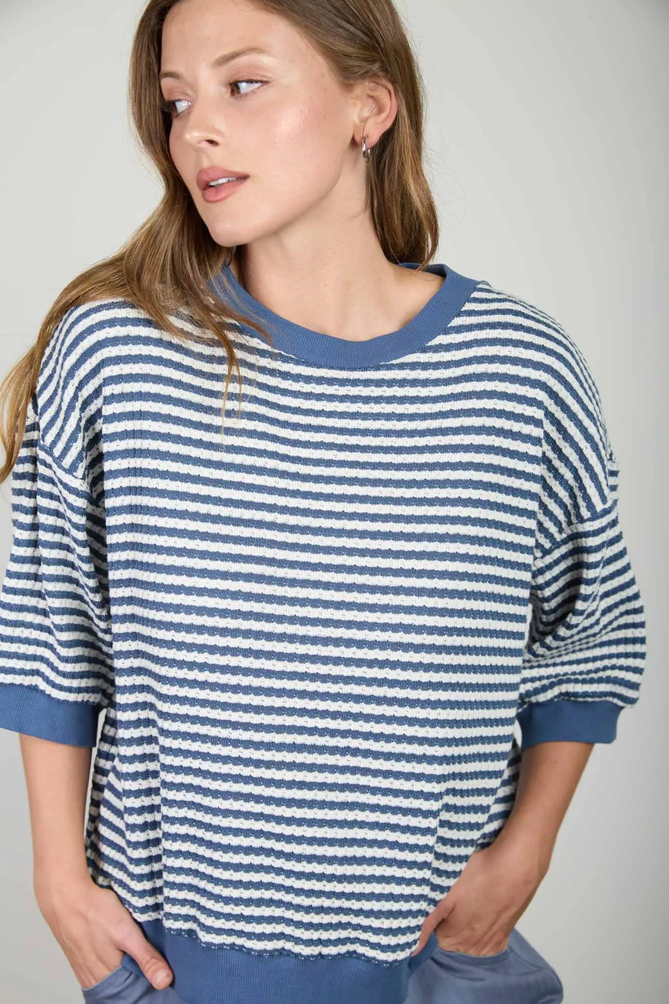 TEXTURED STRIPE DROP SHOULDER KNIT TOP sold by Blu Pepper product image thumbnail 4