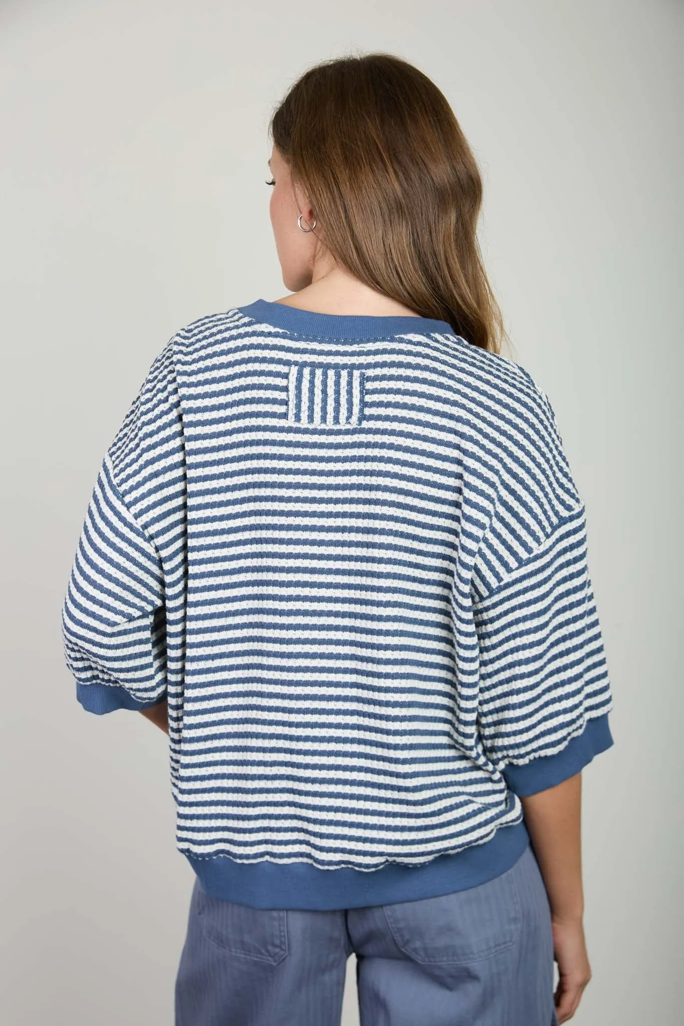 TEXTURED STRIPE DROP SHOULDER KNIT TOP sold by Blu Pepper product image thumbnail 2