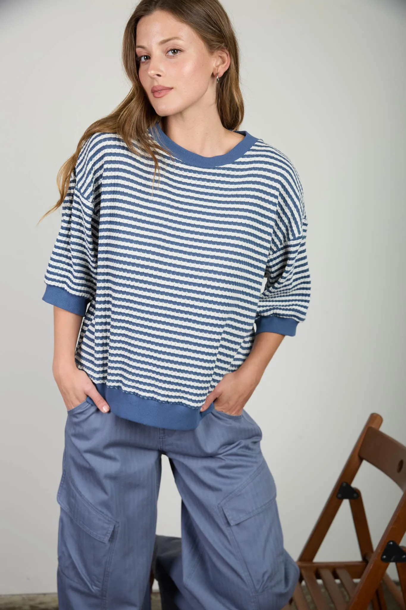 TEXTURED STRIPE DROP SHOULDER KNIT TOP sold by Blu Pepper product image thumbnail 5