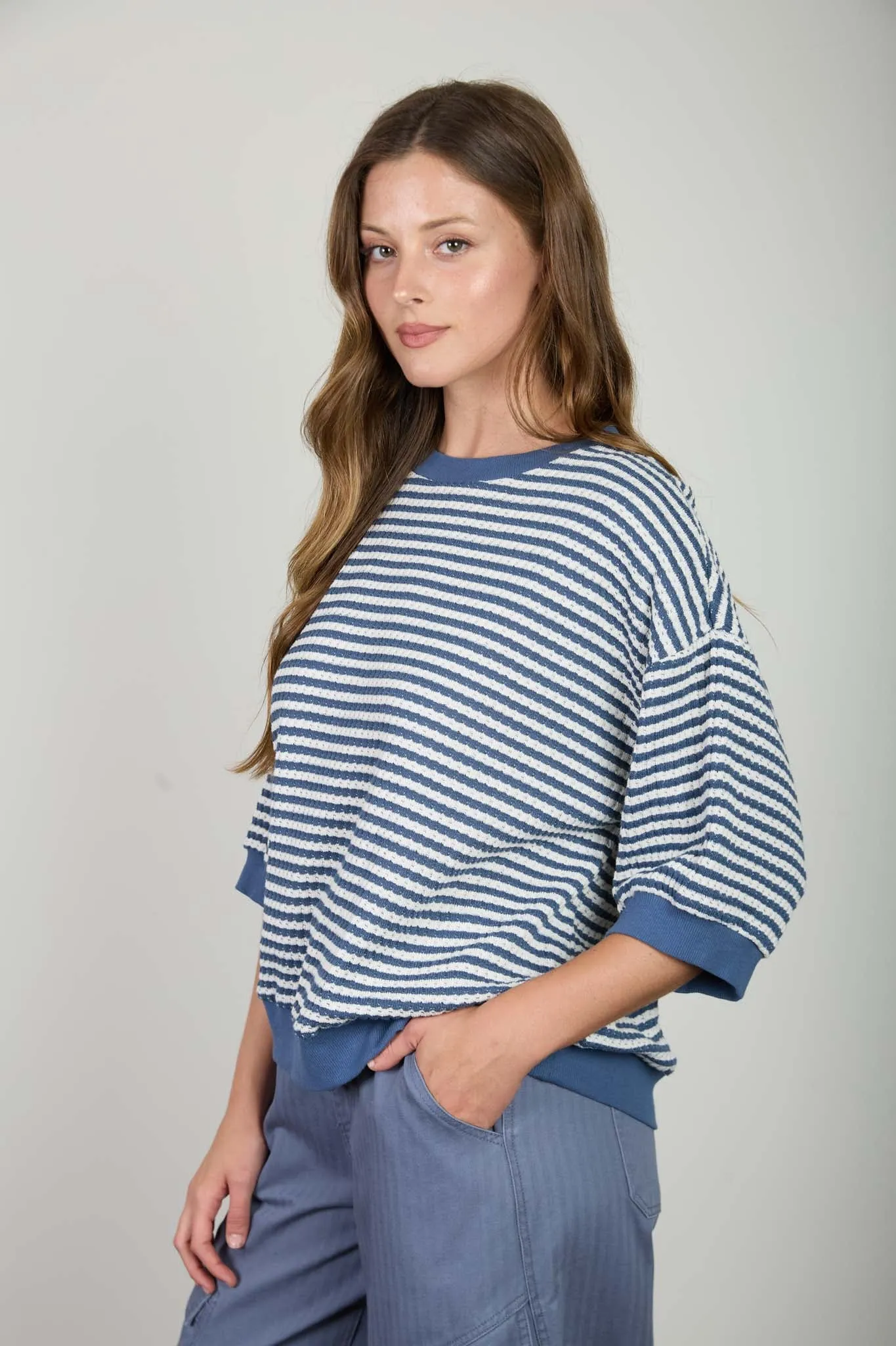 TEXTURED STRIPE DROP SHOULDER KNIT TOP sold by Blu Pepper product image thumbnail 3
