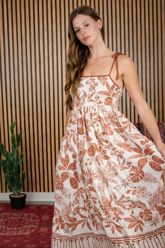 LEAF PRINT SPAGHETTI TIE STRAP DETAIL MIDI DRESS (PRE-ORDER) made by mine
