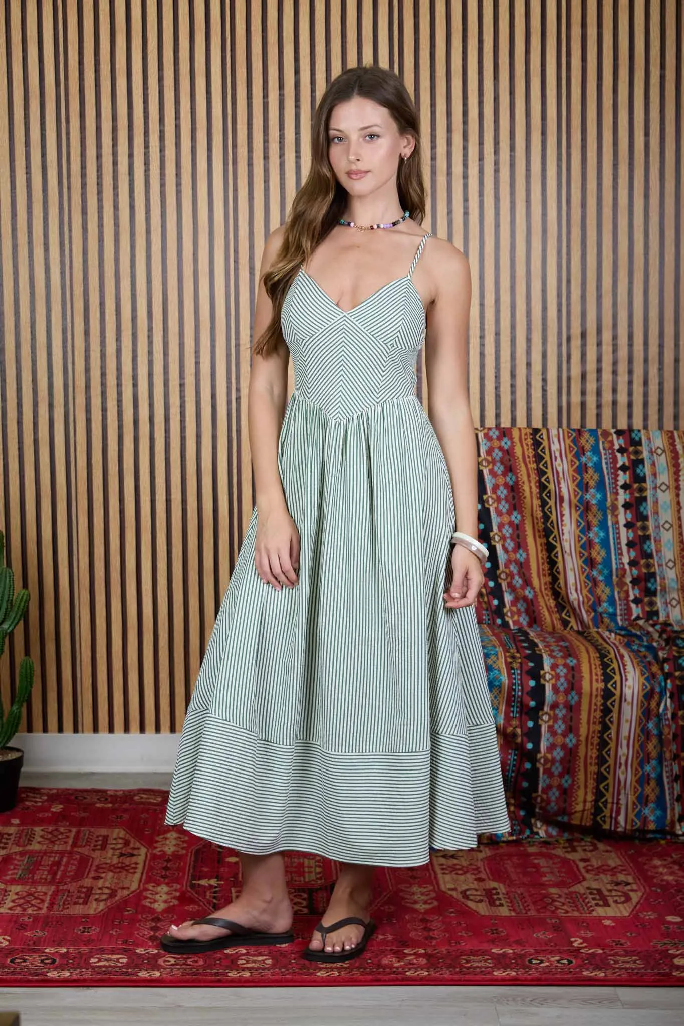 STRIPE SPAGHETTI STRAP BASQUE WAIST MIDI DRESS sold by Blu Pepper product image thumbnail 4