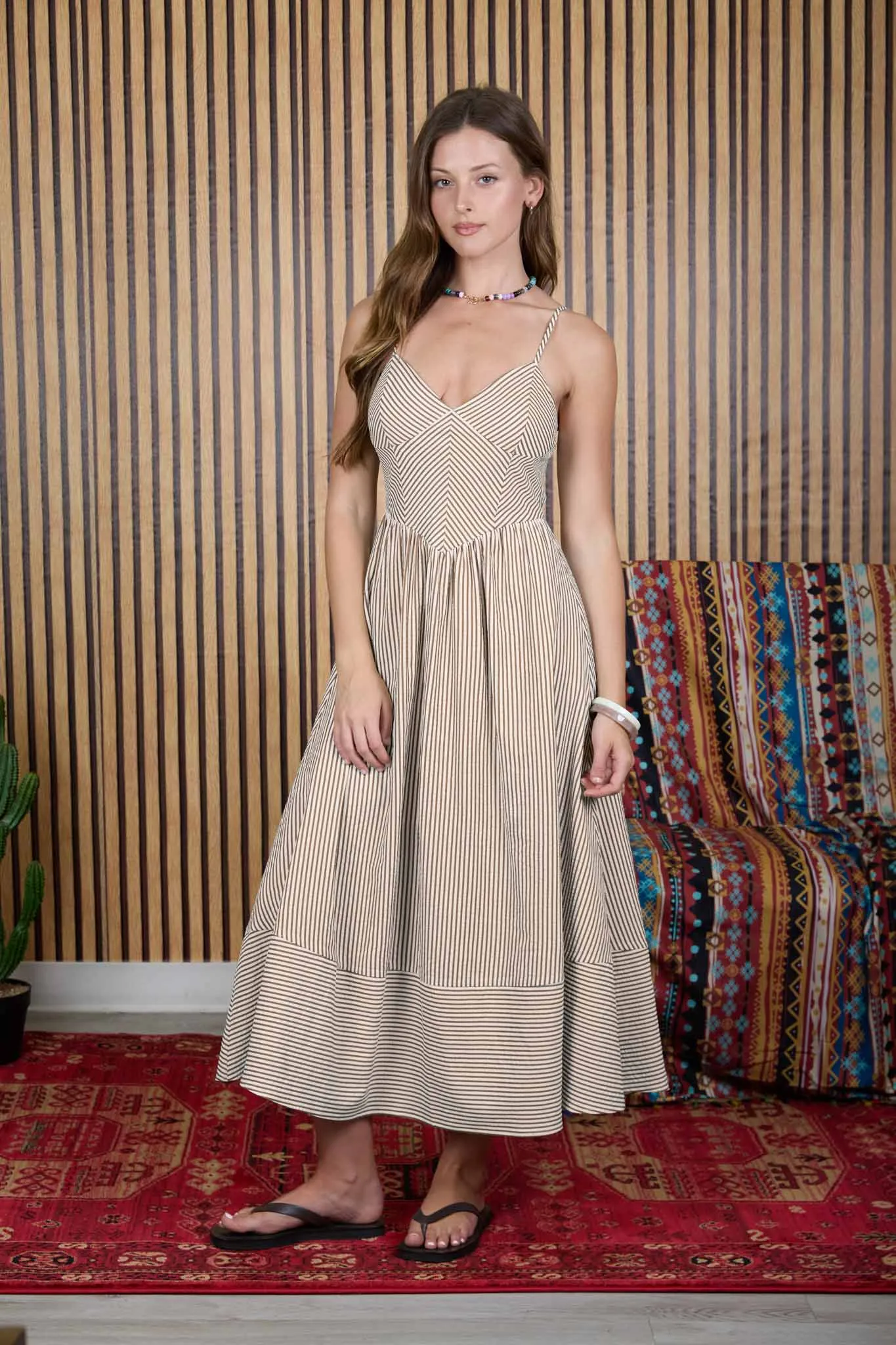 STRIPE SPAGHETTI STRAP BASQUE WAIST MIDI DRESS sold by Blu Pepper product image thumbnail 5