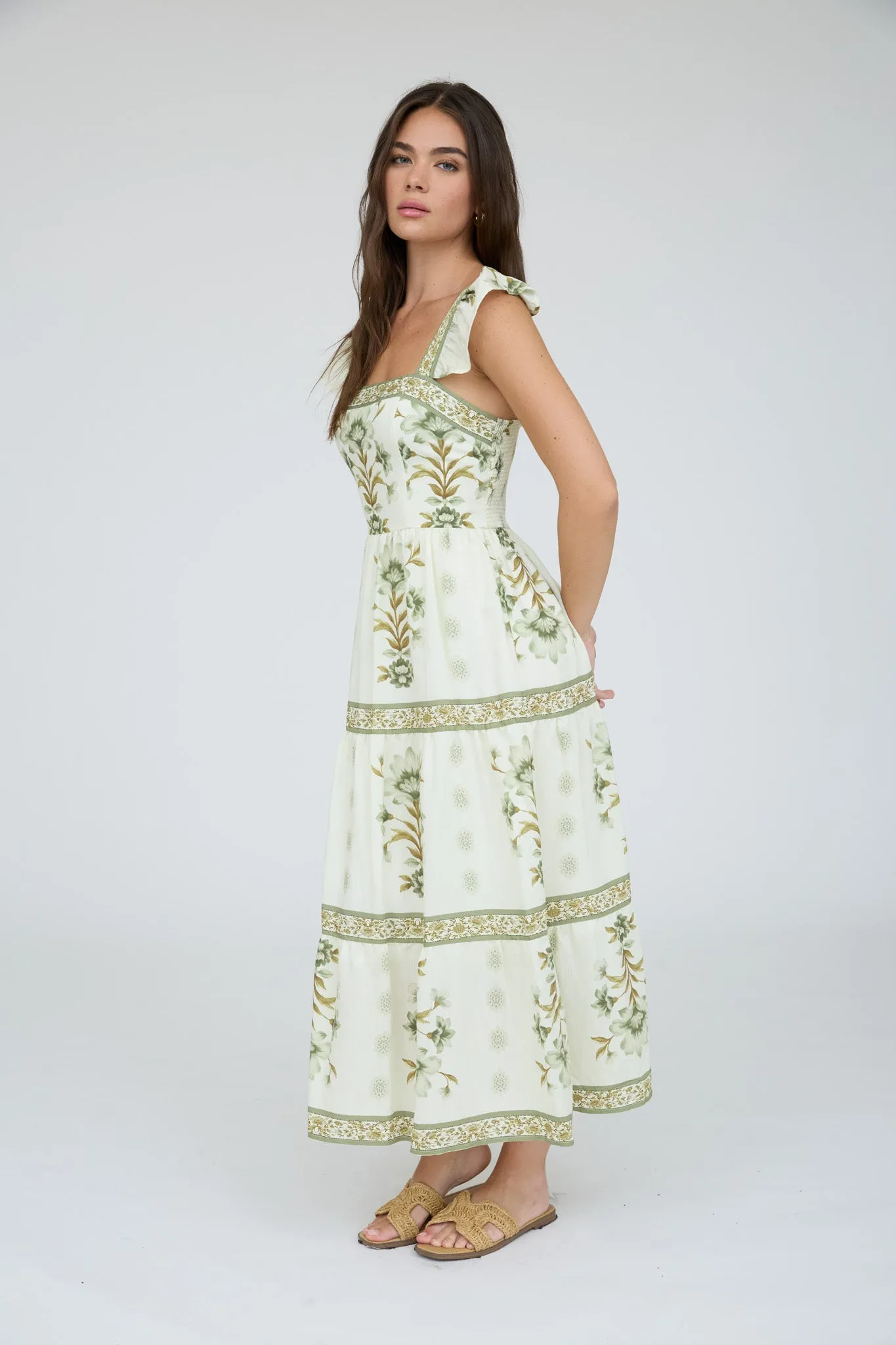 ABSTRACT FLORAL RUFFLE STRAP TIERED MIDI DRESS sold by Blu Pepper product image thumbnail 3