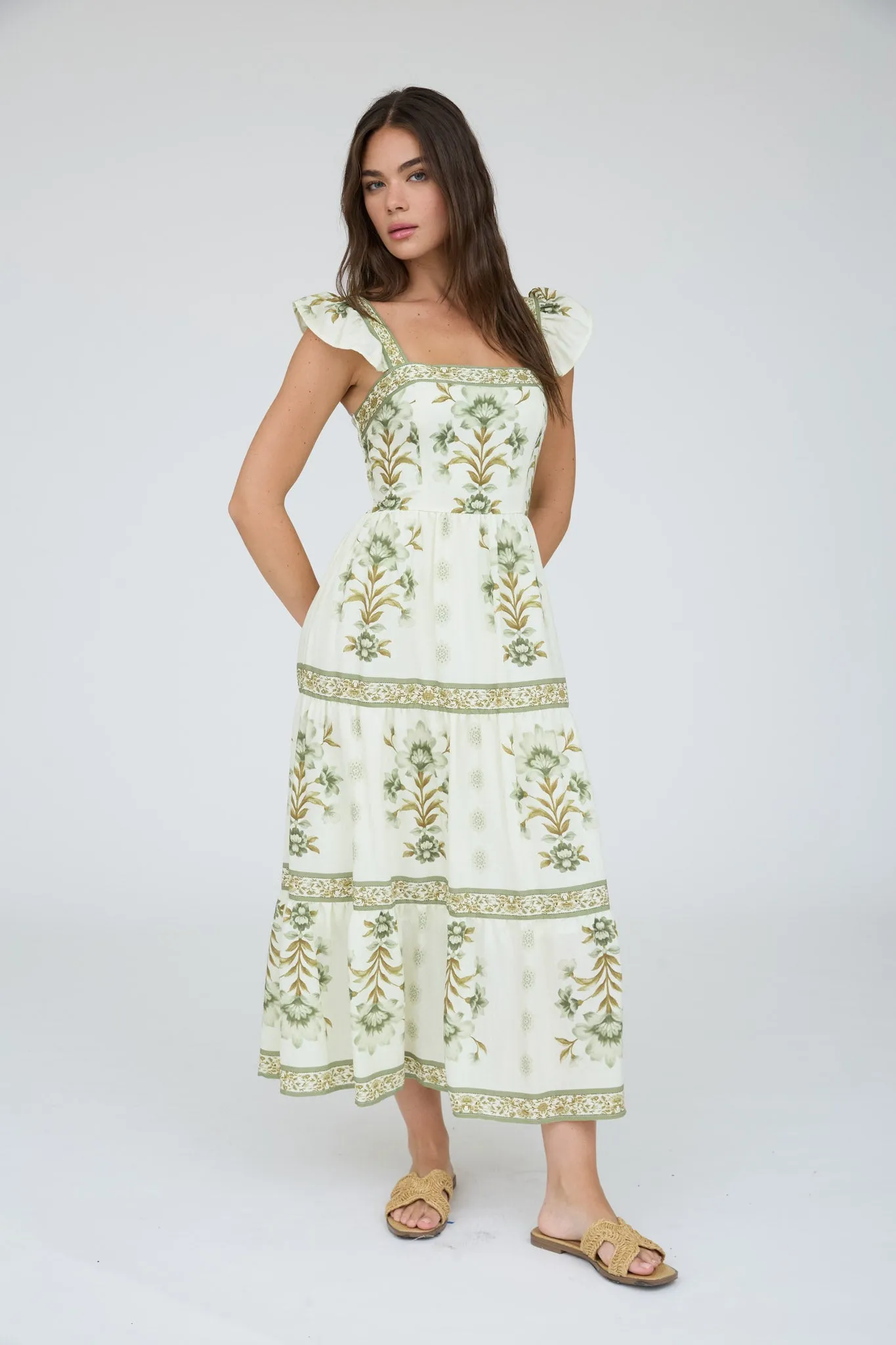 ABSTRACT FLORAL RUFFLE STRAP TIERED MIDI DRESS sold by Blu Pepper product image thumbnail 4
