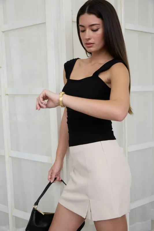 RUCHED WIDE STRAP MESH KNIT TOP made by Blu Pepper