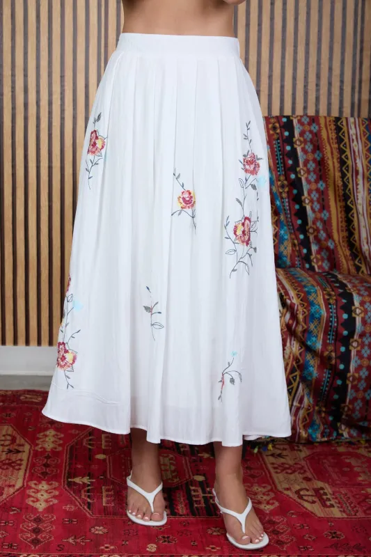 FLORAL EMBROIDERY DETAIL MIDI SKIRT made by Blu Pepper