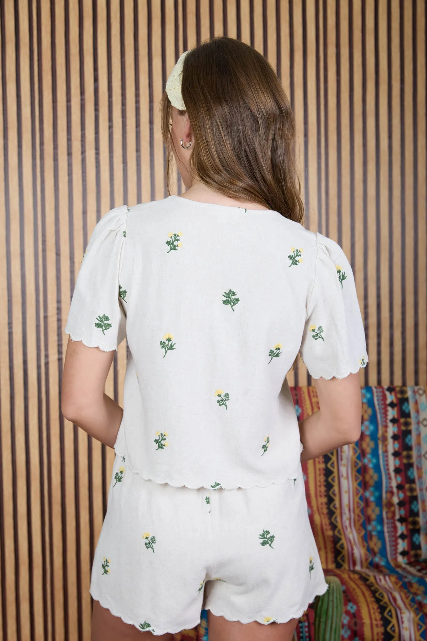 EMBROIDERED FLORAL BOUQUET FRONT TIE SCALLOPED TOP sold by Blu Pepper product image thumbnail 2