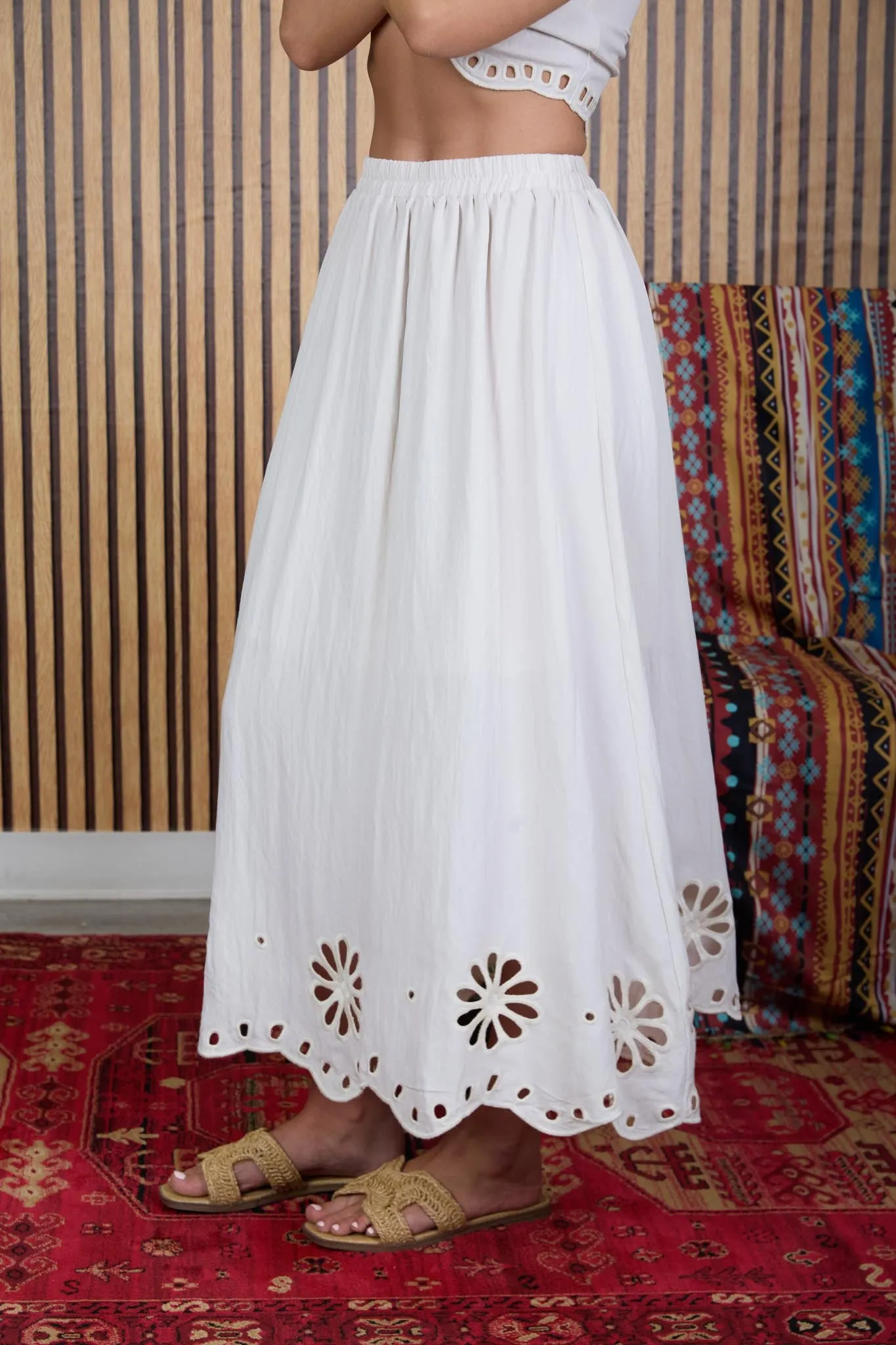 FLORAL EYELET SCALLOPED HEM MIDI SKIRT sold by Blu Pepper product image thumbnail 3