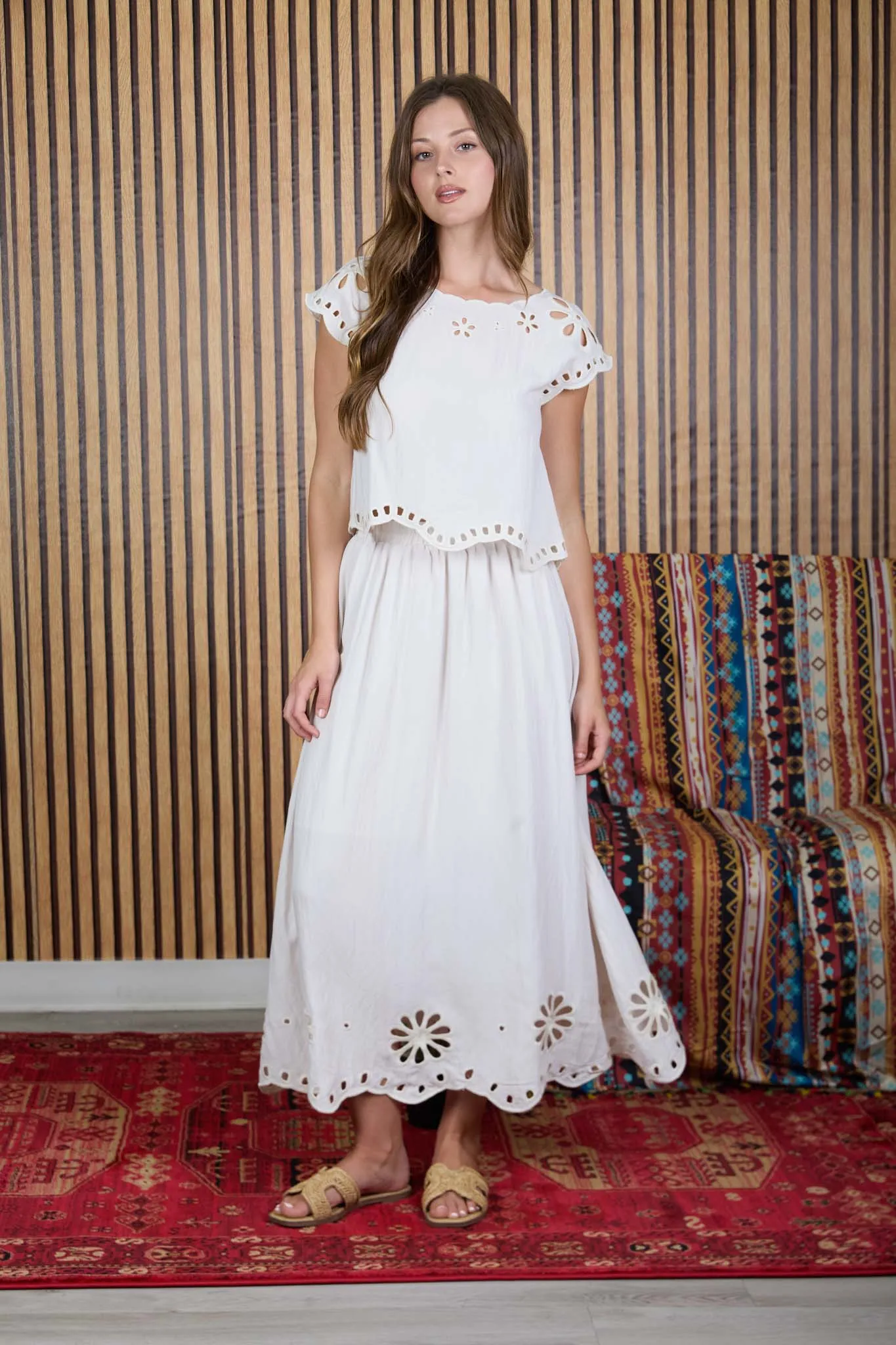 FLORAL EYELET SCALLOPED HEM MIDI SKIRT sold by Blu Pepper product image thumbnail 4