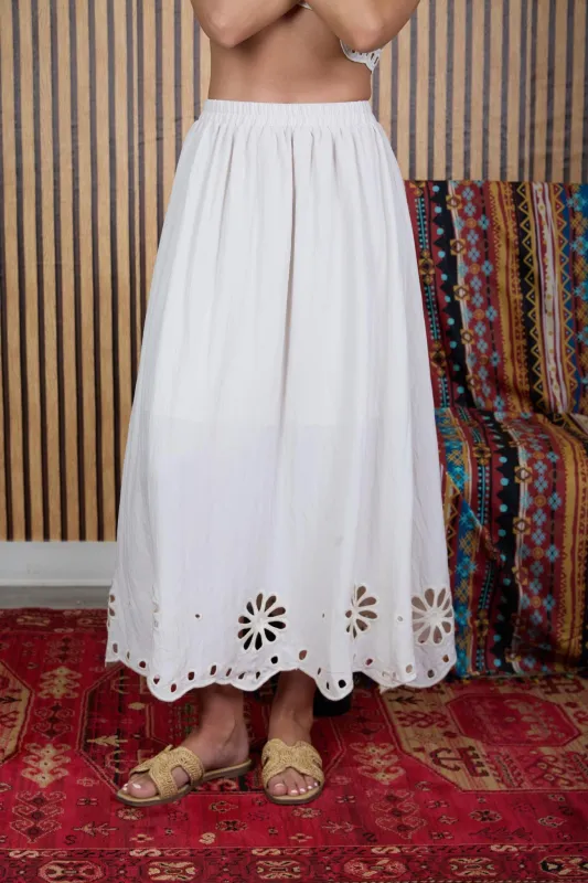 FLORAL EYELET SCALLOPED HEM MIDI SKIRT made by Blu Pepper