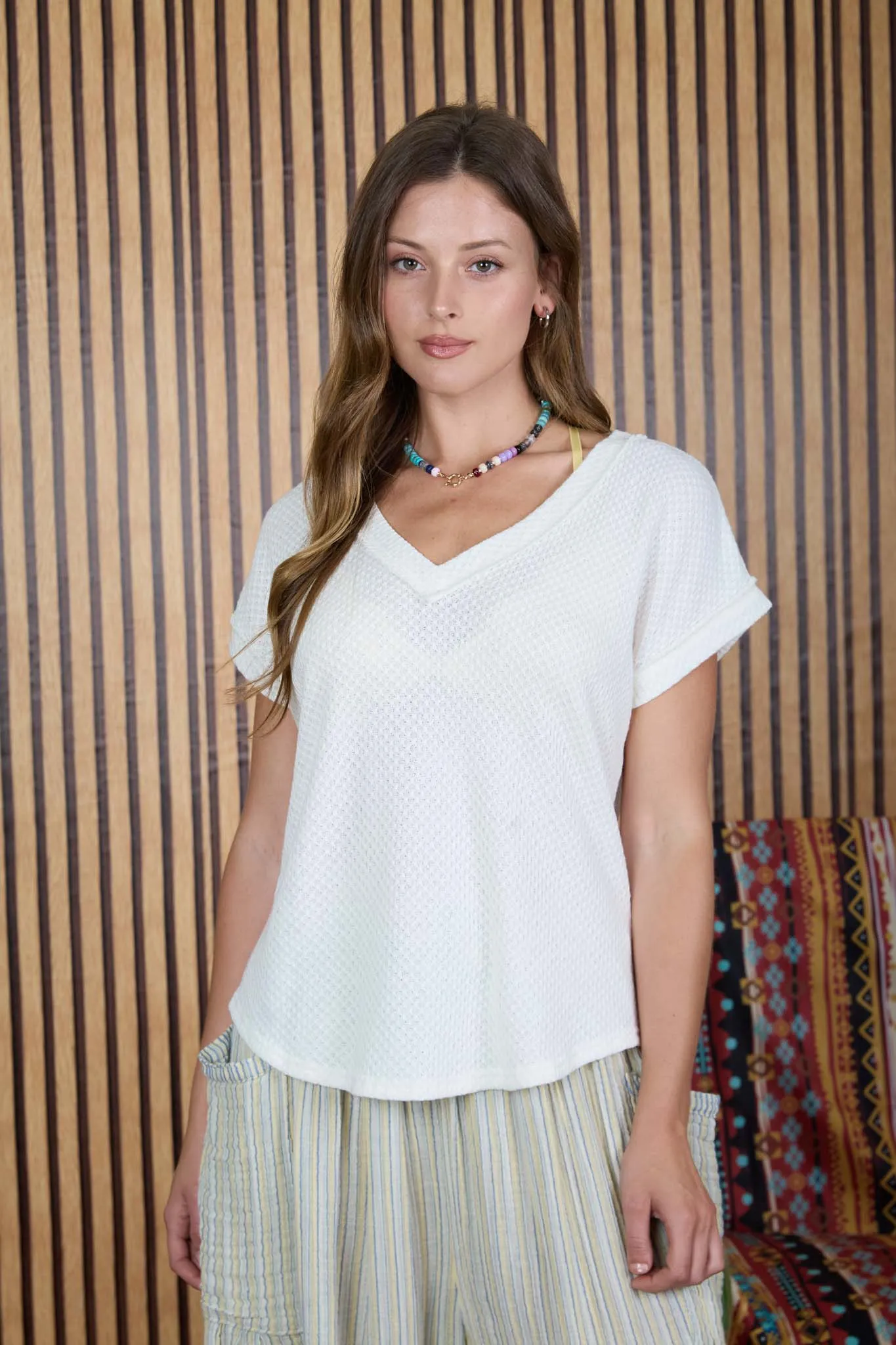 V NECK SHORT SLEEVE TEXTURED KNIT TOP (PRE-ORDER) sold by Blu Pepper product image thumbnail 4