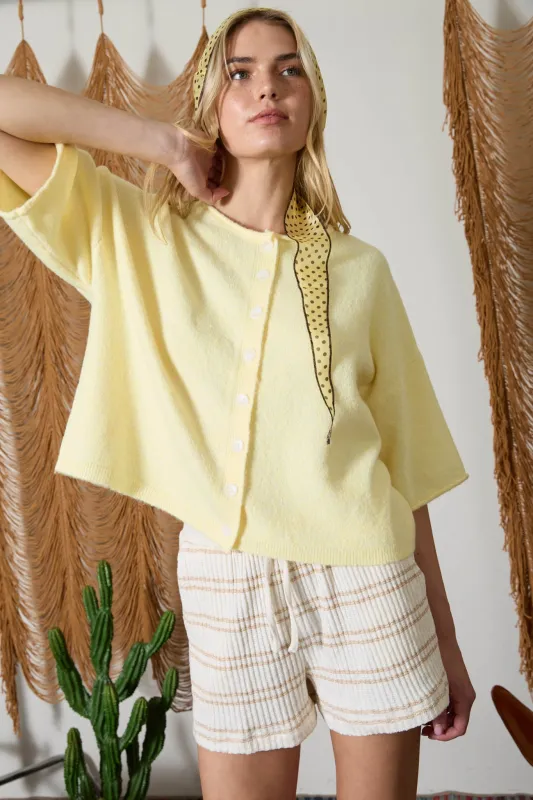 RAW EDGE SHORT SLEEVE BUTTON DOWN BOXY CARDIGAN made by J.O.A.