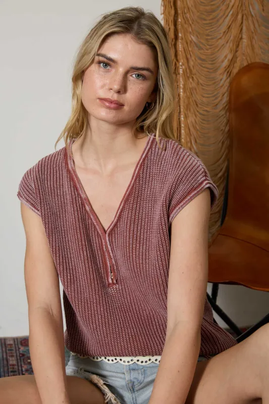 RAW EDGE SHORT SLEEVE HENLEY SWEATER KNIT TOP made by J.O.A.