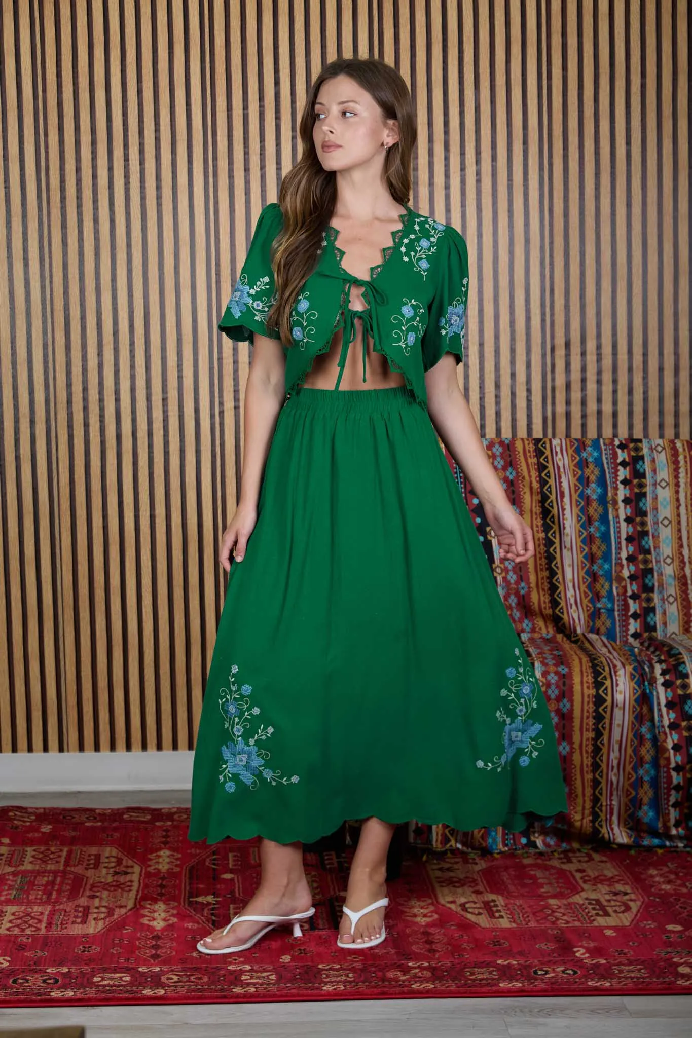 FLORAL EMBROIDERY DETAIL FRONT TIE LINEN CROP TOP sold by Blu Pepper product image thumbnail 5