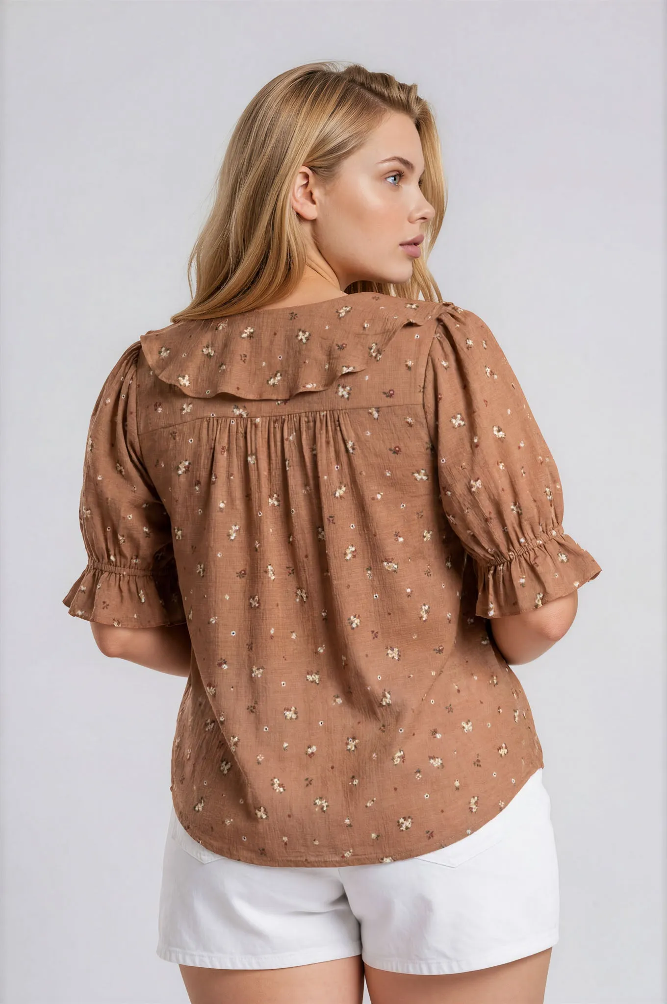 PLUS FLORAL RUFFLED V NECK 1/2 SLEEVE BLOUSE sold by Blu Pepper product image thumbnail 5