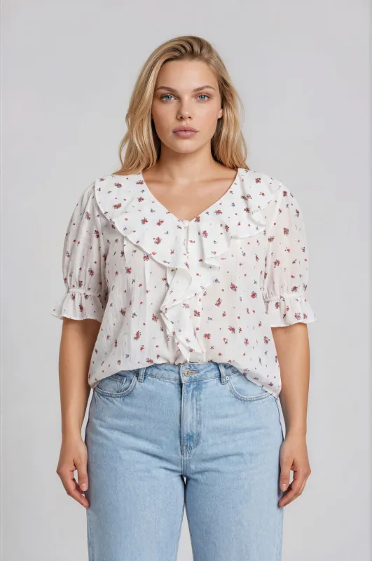 PLUS FLORAL RUFFLED V NECK 1/2 SLEEVE BLOUSE made by Blu Pepper