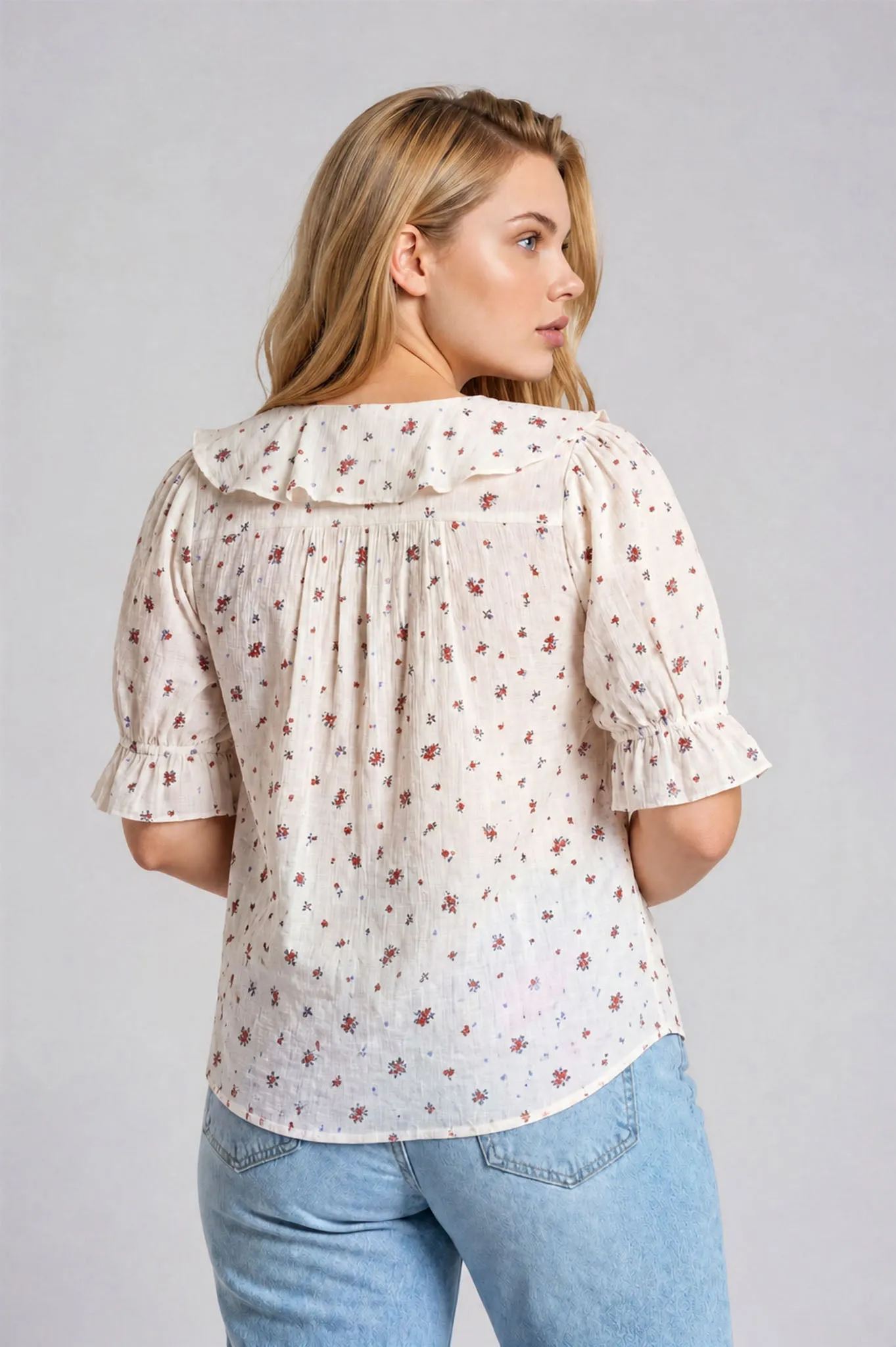 PLUS FLORAL RUFFLED V NECK 1/2 SLEEVE BLOUSE sold by Blu Pepper product image thumbnail 2