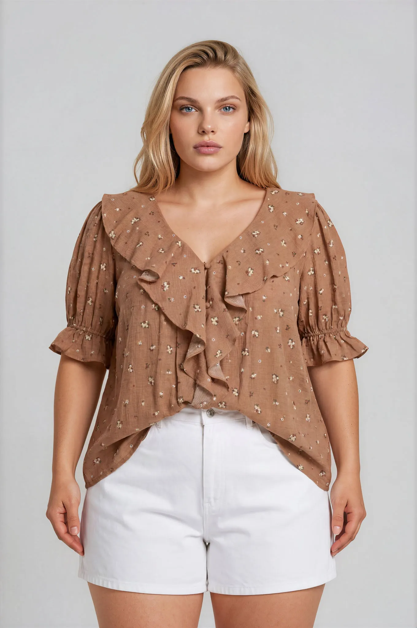 PLUS FLORAL RUFFLED V NECK 1/2 SLEEVE BLOUSE sold by Blu Pepper product image thumbnail 4