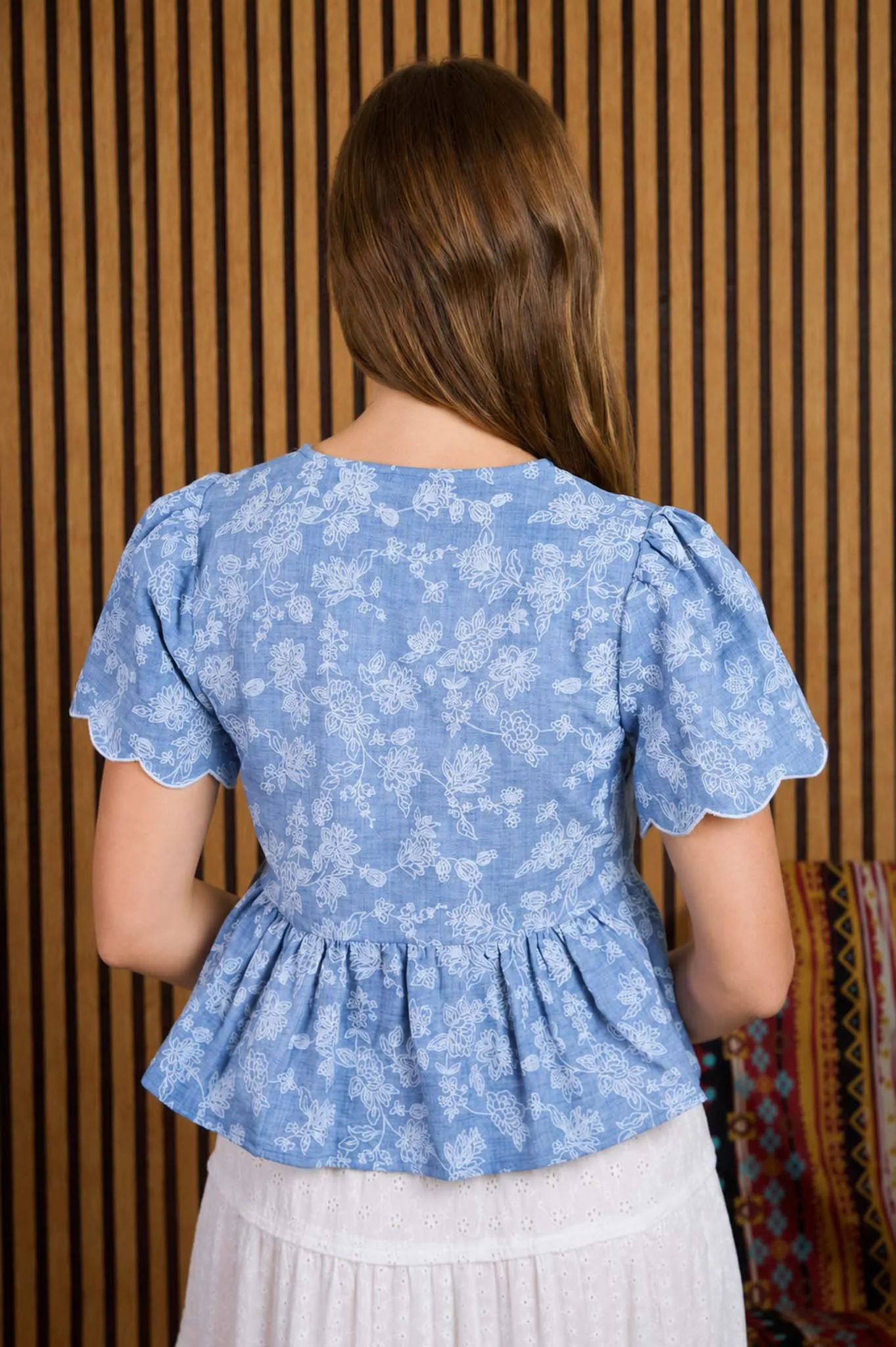FLORAL EMBROIDERY FRONT TIE SCALLOPED PEPLUM TOP sold by Blu Pepper product image thumbnail 2