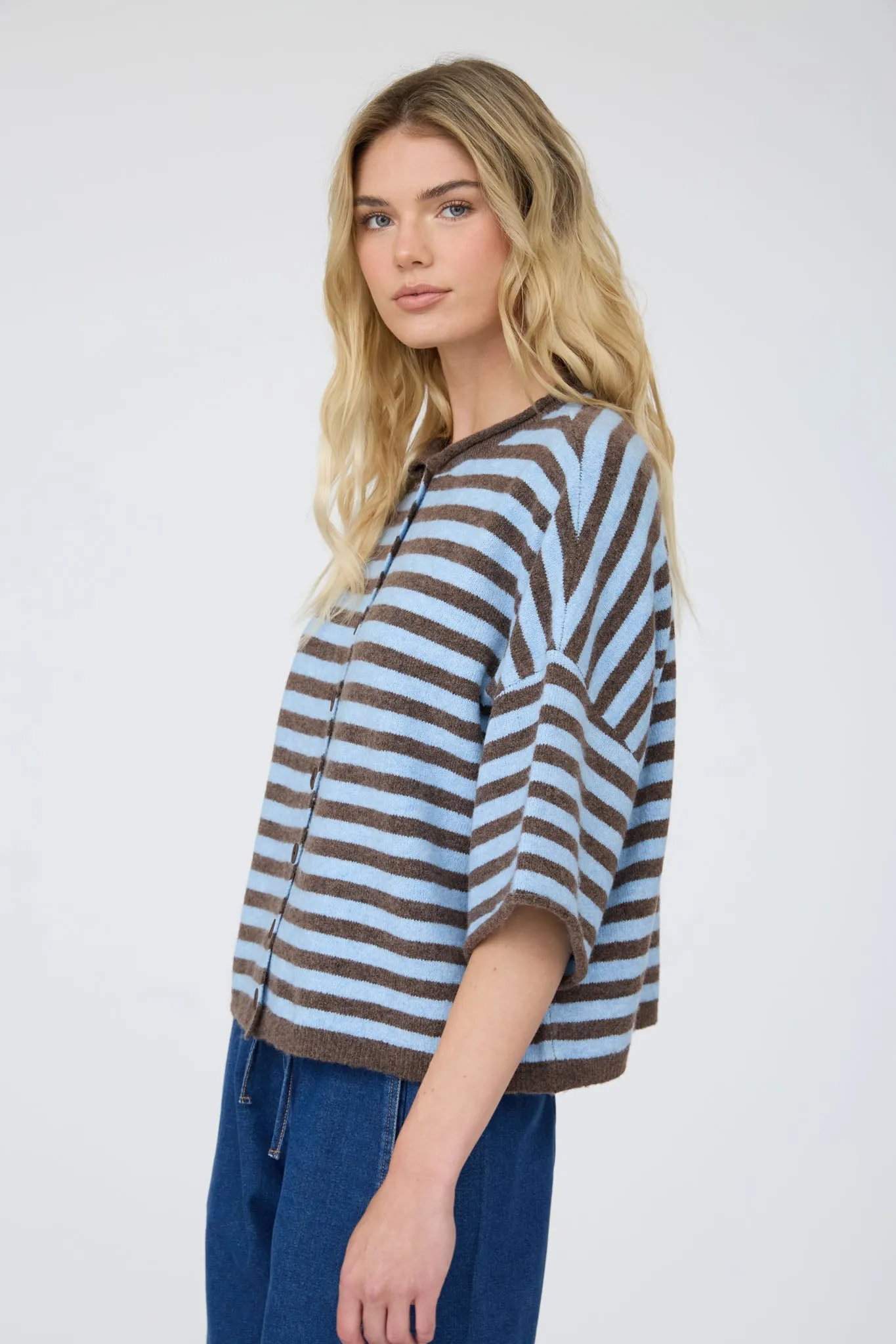 STRIPE RAW EDGE SHORT SLEEVE BUTTON DOWN CARDIGAN sold by Blu Pepper product image thumbnail 3