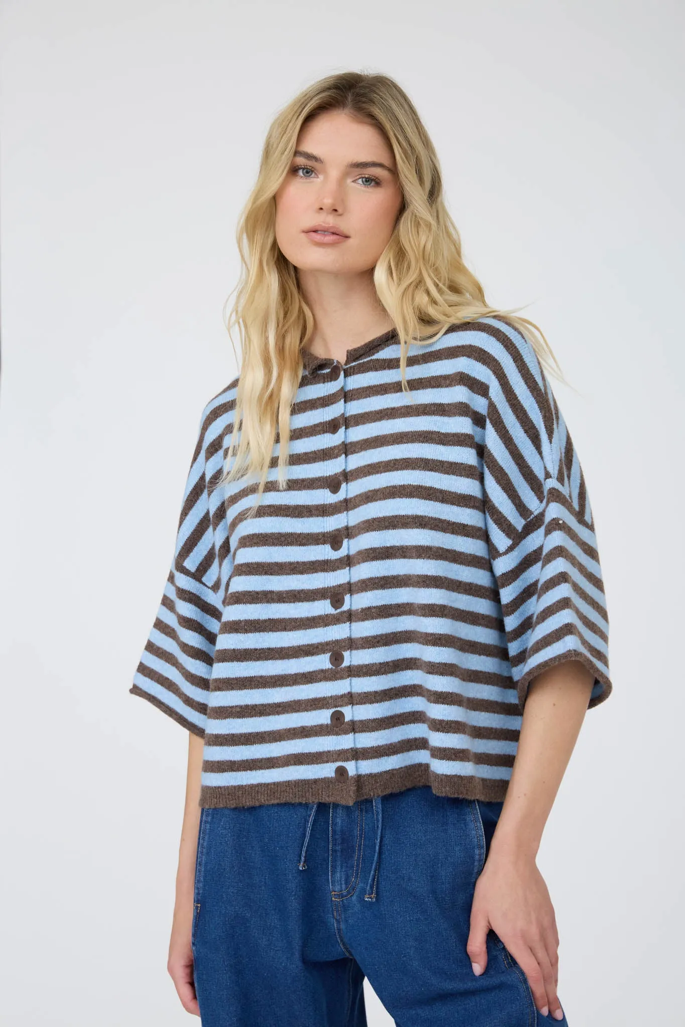 STRIPE RAW EDGE SHORT SLEEVE BUTTON DOWN CARDIGAN sold by Blu Pepper product image thumbnail 4