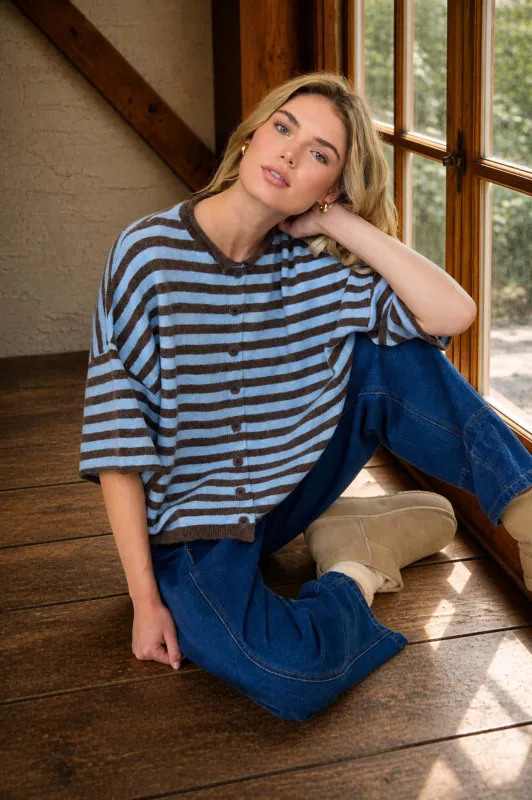 STRIPE RAW EDGE SHORT SLEEVE BUTTON DOWN CARDIGAN made by J.O.A.