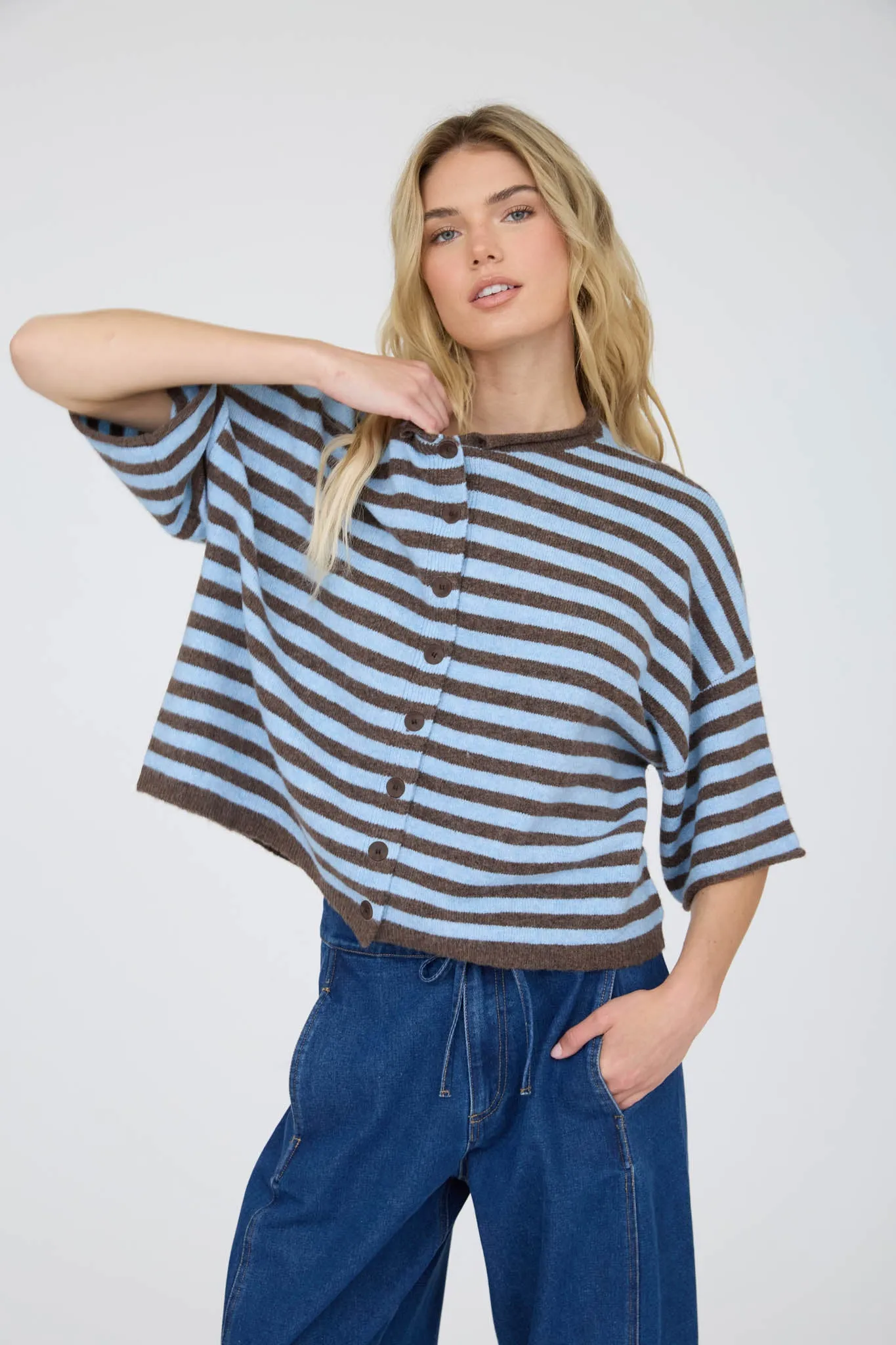 STRIPE RAW EDGE SHORT SLEEVE BUTTON DOWN CARDIGAN sold by Blu Pepper product image thumbnail 5