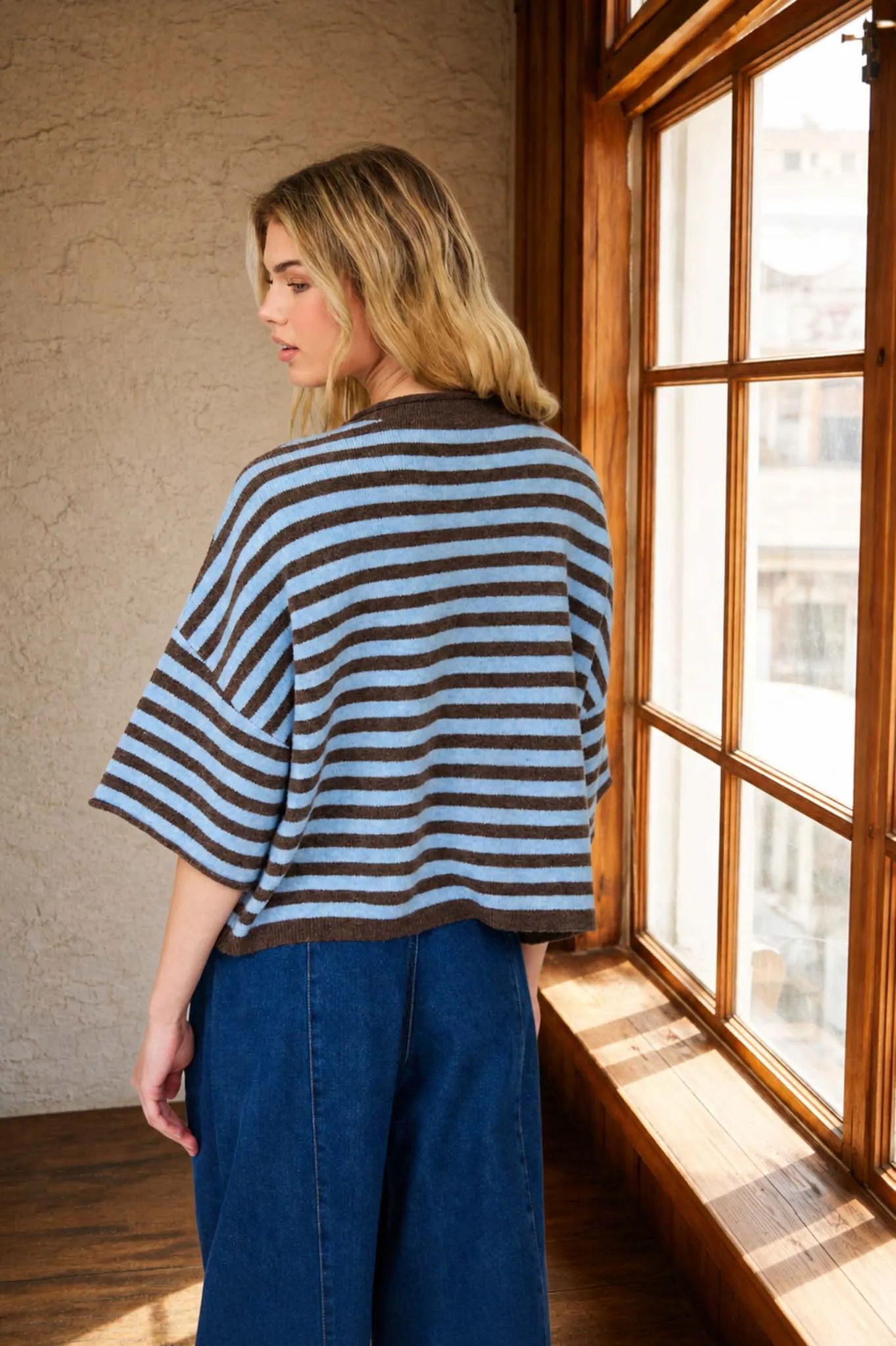 STRIPE RAW EDGE SHORT SLEEVE BUTTON DOWN CARDIGAN sold by Blu Pepper product image thumbnail 2
