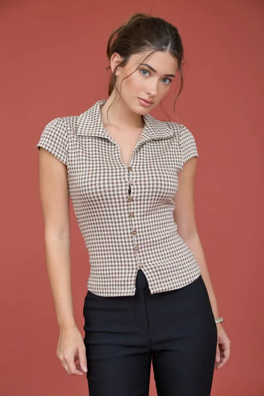 GINGHAM COLLARED SHORT SLEEVE BUTTON DOWN TOP made by Blu Pepper