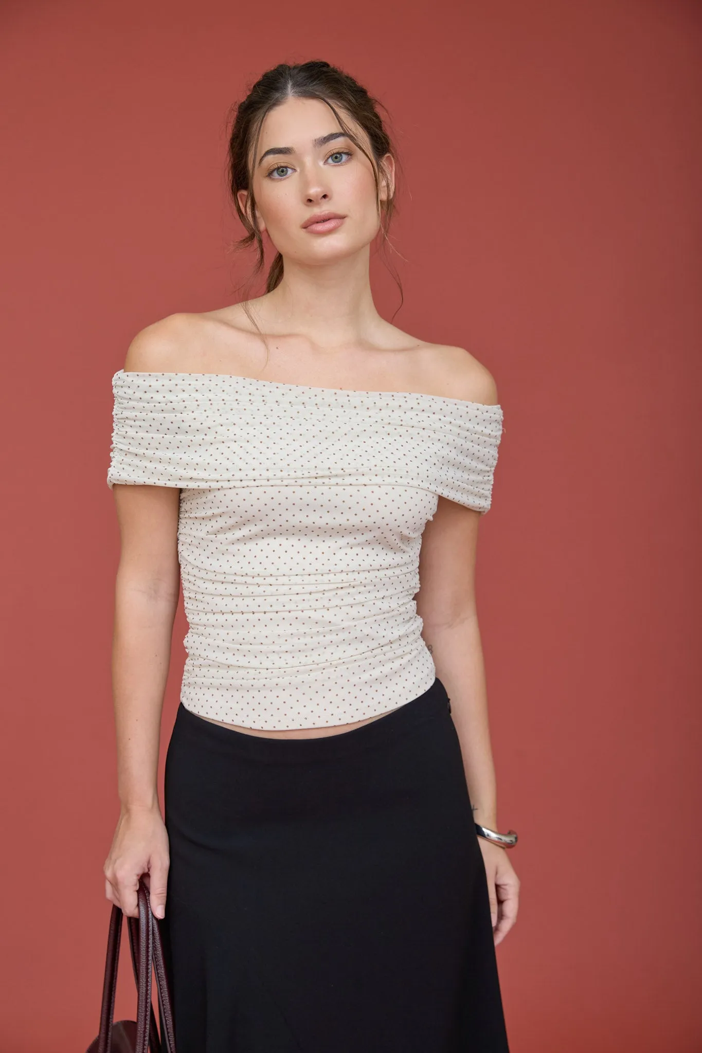 POLKA DOT MESH OFF THE SHOULDER KNIT TOP sold by Blu Pepper product image thumbnail 4