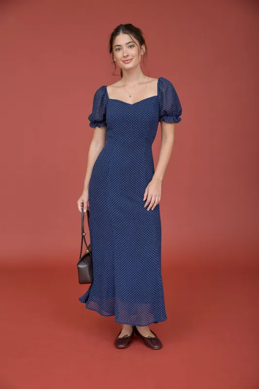 POLKA DOT SWEETHEART PUFF SLEEVE MESH MIDI DRESS made by Blu Pepper