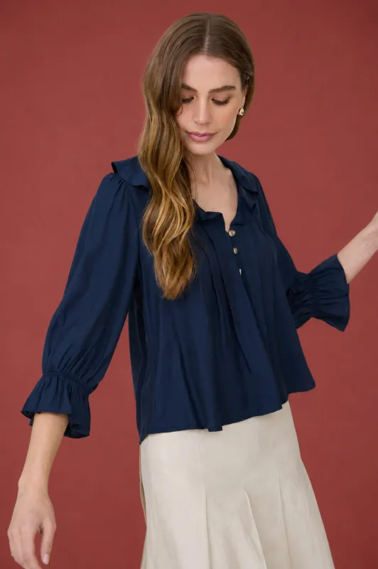 RUFFLED V NECK BUTTON DOWN 3/4 SLEEVE BLOUSE made by mine