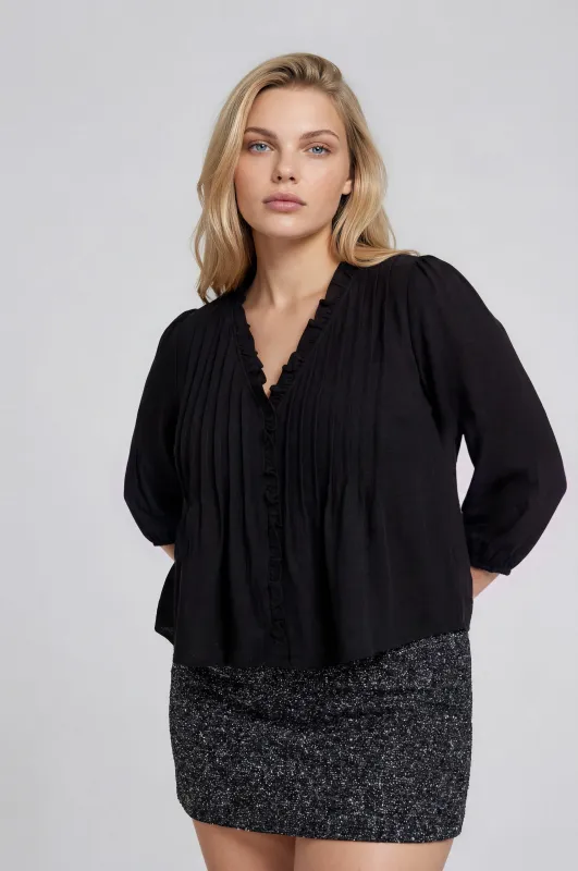 PLUS 3/4 SLEEVE RUFFLE TRIM PINTUCK DETAIL BLOUSE made by Blu Pepper