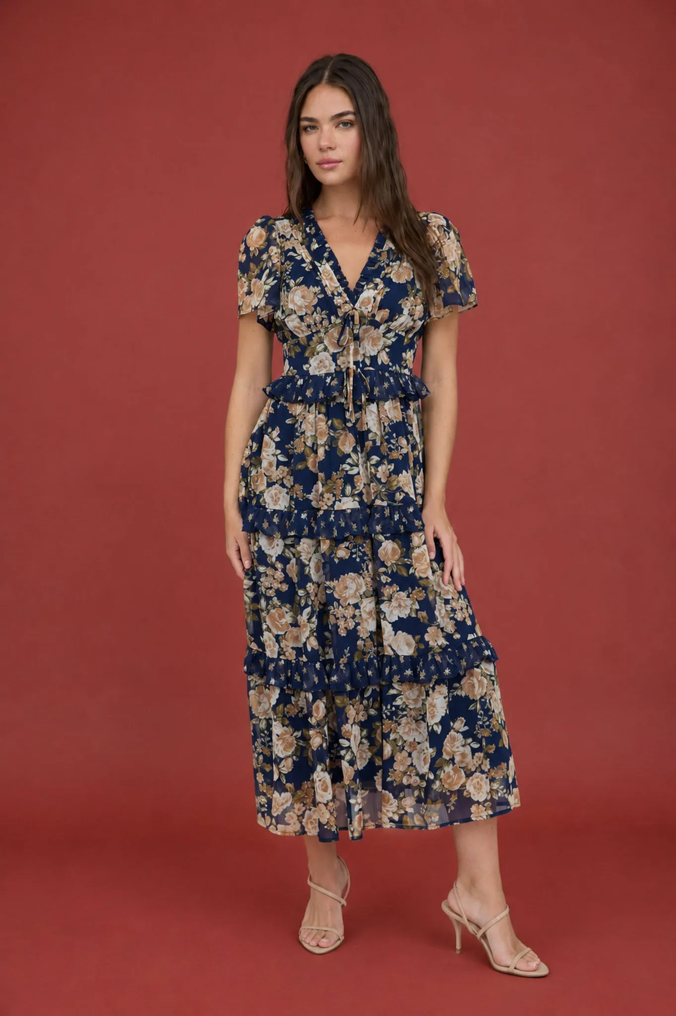 FLORAL V NECK RUFFLED FRONT TIE TIERED MIDI DRESS sold by Blu Pepper product image thumbnail 4