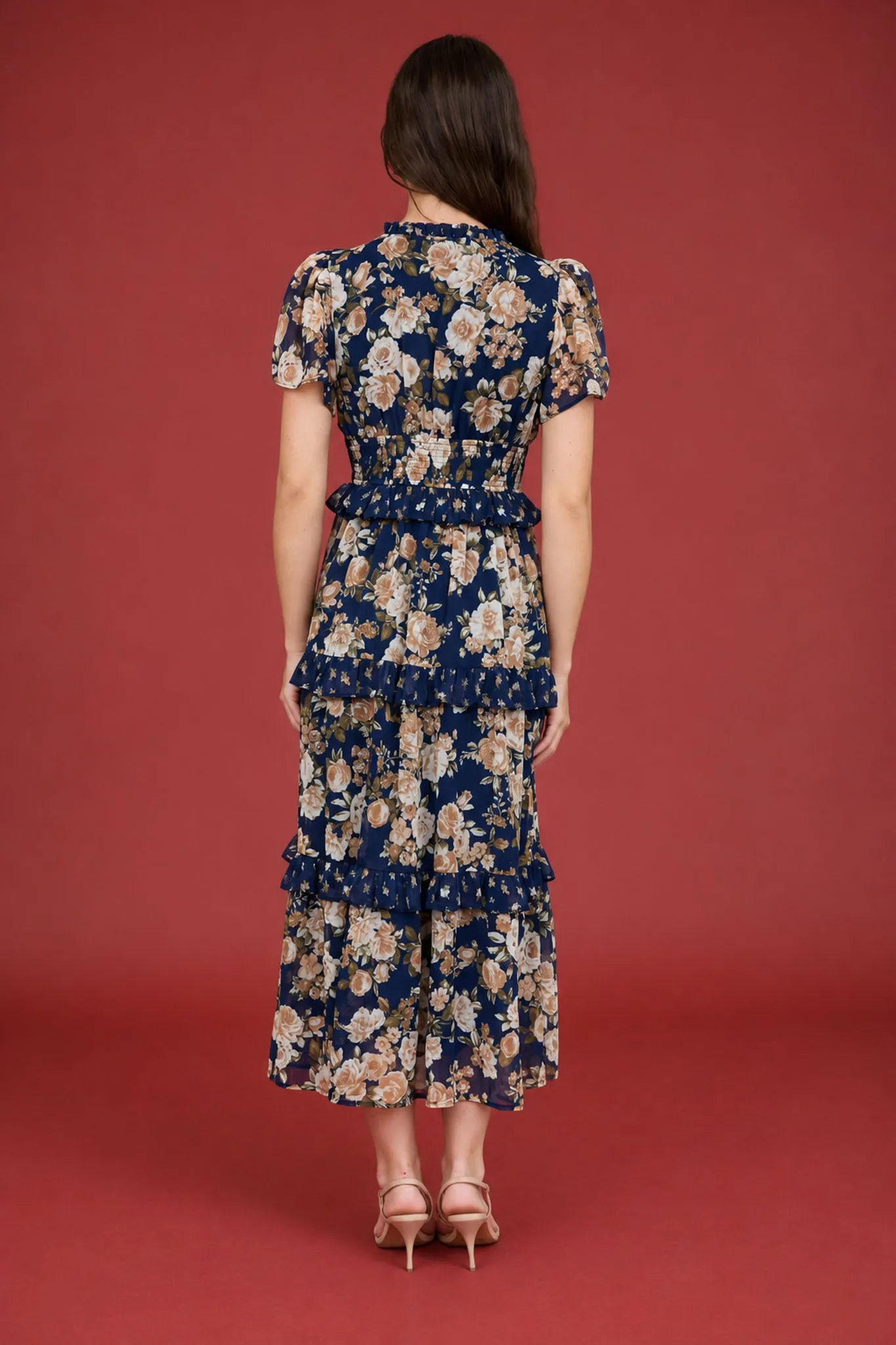 FLORAL V NECK RUFFLED FRONT TIE TIERED MIDI DRESS sold by Blu Pepper product image thumbnail 2