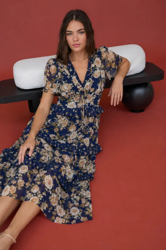 FLORAL V NECK RUFFLED FRONT TIE TIERED MIDI DRESS made by mine