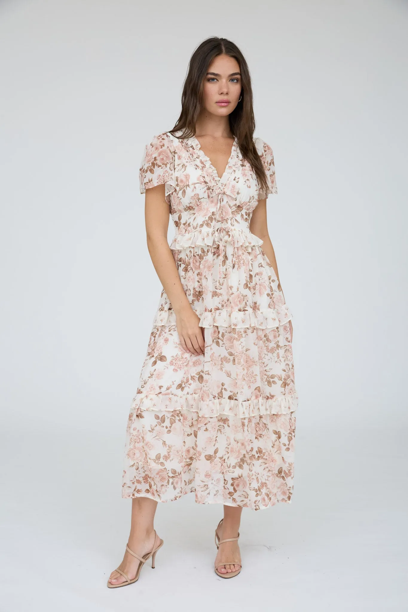 FLORAL V NECK RUFFLED FRONT TIE TIERED MIDI DRESS sold by Blu Pepper product image thumbnail 5
