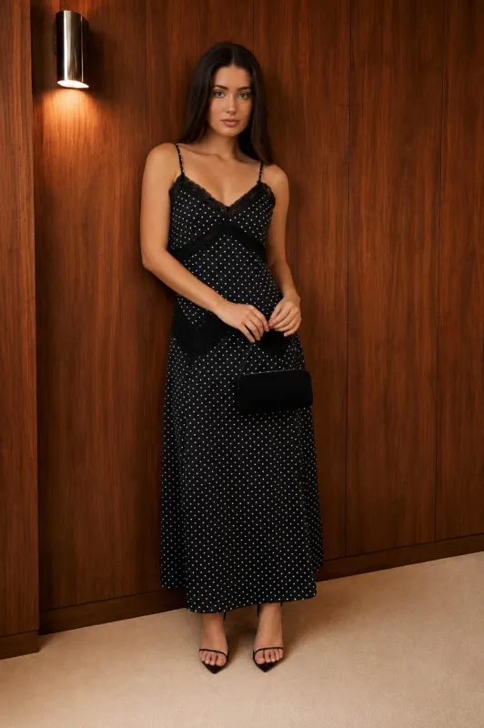 POLKA DOT LACE TRIM SPAGHETTI STRAP MIDI DRESS made by Blu Pepper