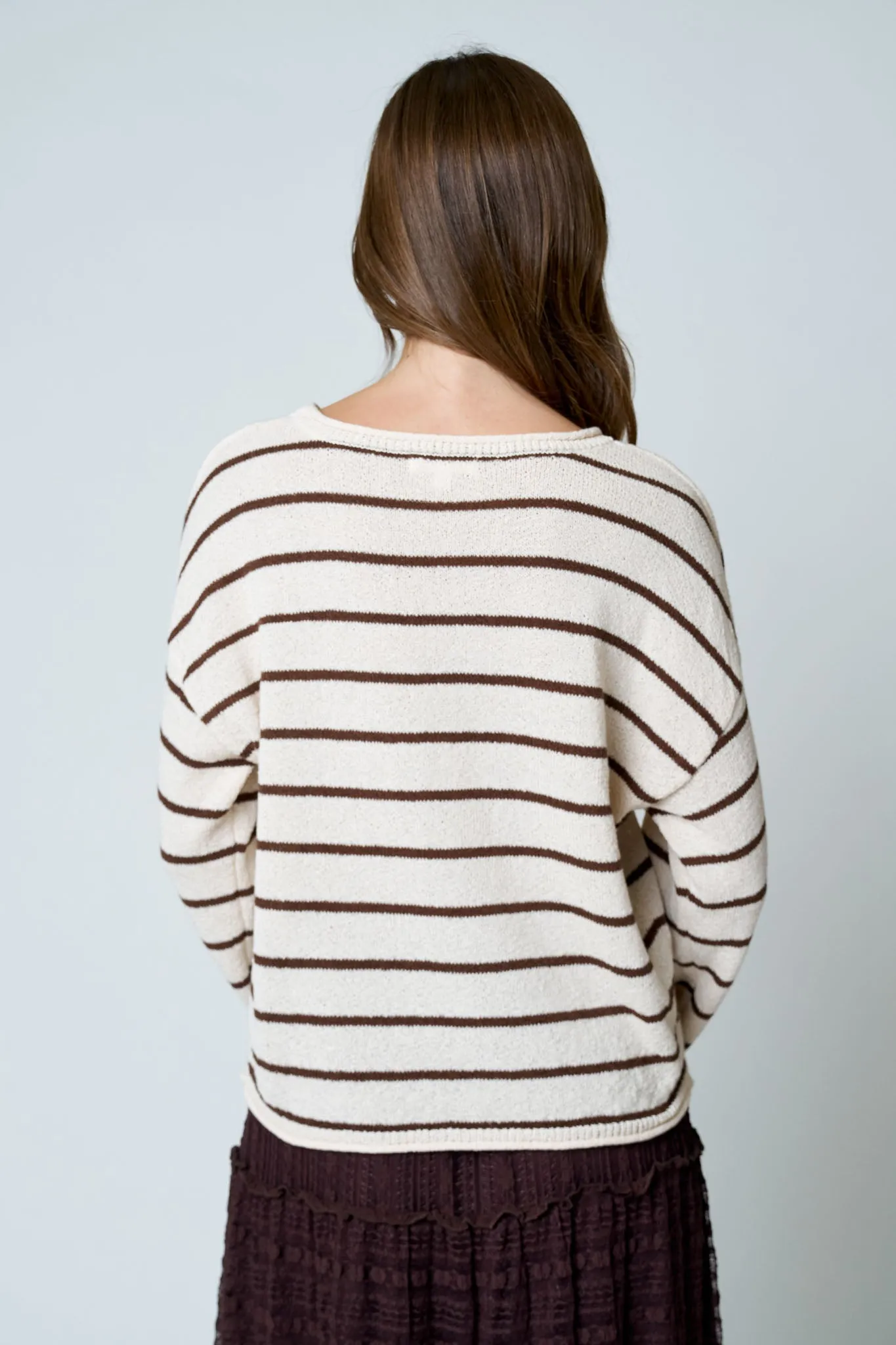 STRIPE TEXTURED RAW EDGE LONG SLEEVE KNIT SWEATER sold by Blu Pepper product image thumbnail 2