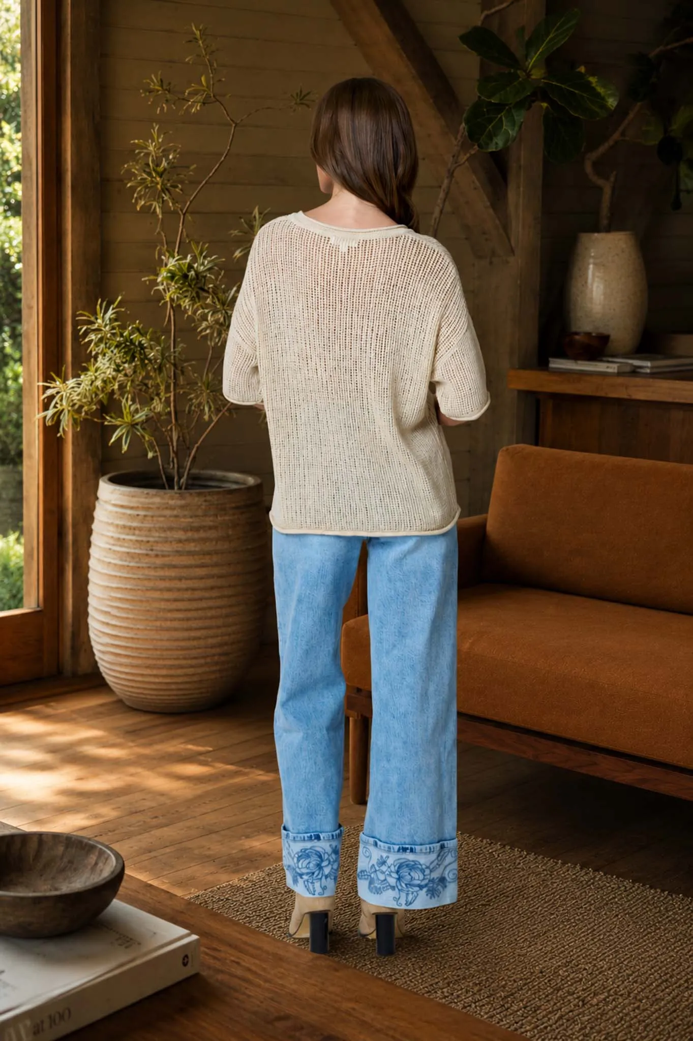 SPLIT NECK SHORT SLEEVE SHEER CROCHET KNIT TOP (PRE-ORDER) sold by Blu Pepper product image thumbnail 2
