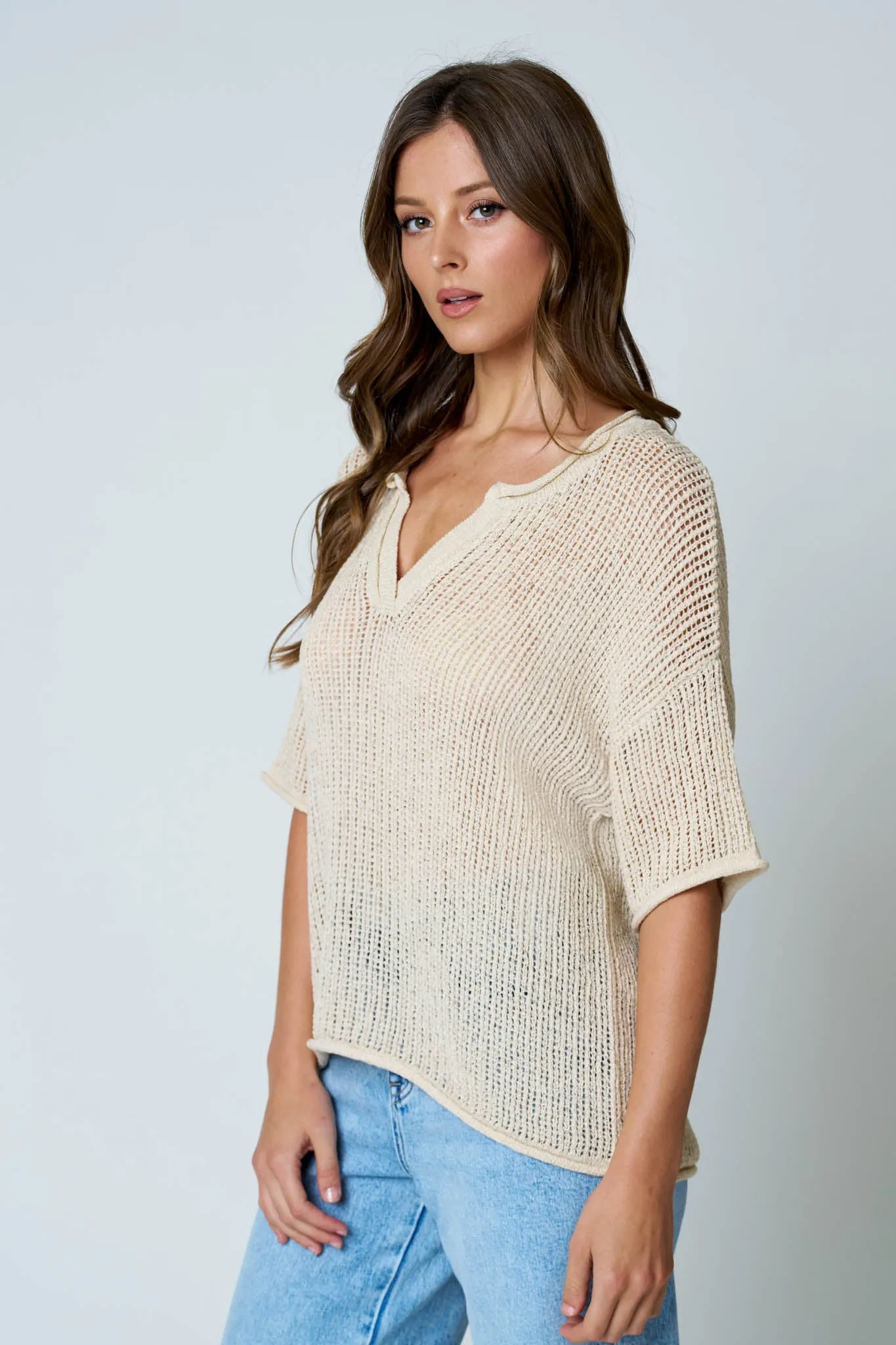 SPLIT NECK SHORT SLEEVE SHEER CROCHET KNIT TOP (PRE-ORDER) sold by Blu Pepper product image thumbnail 4