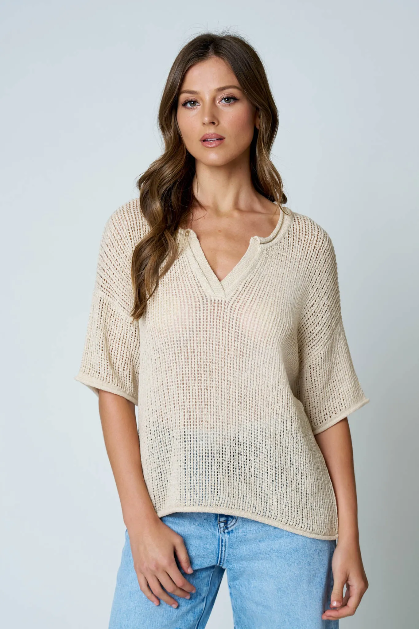 SPLIT NECK SHORT SLEEVE SHEER CROCHET KNIT TOP (PRE-ORDER) sold by Blu Pepper product image thumbnail 5