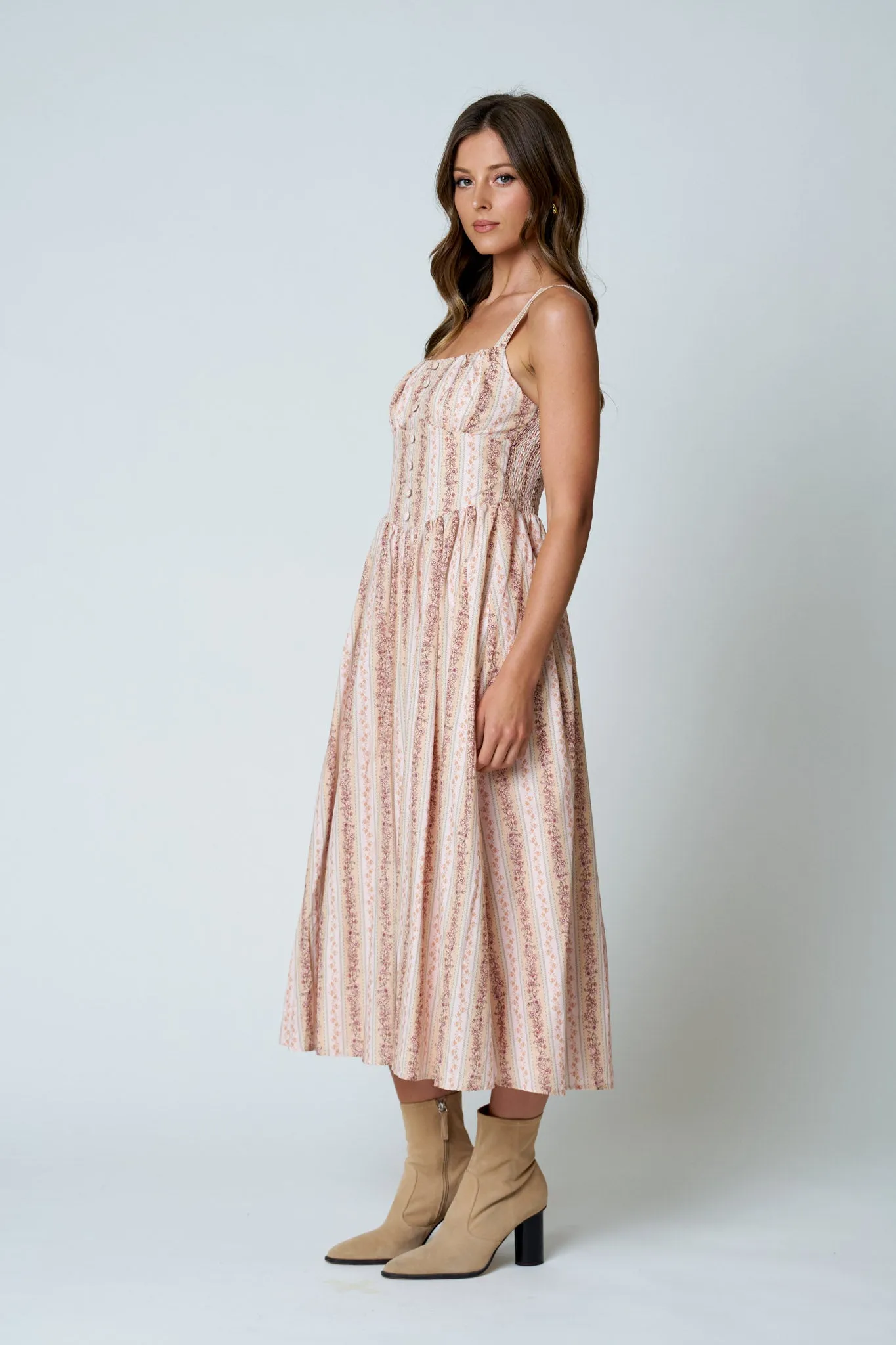 STRIPE FLORAL SLEEVELESS BUTTON DOWN MIDI DRESS sold by Blu Pepper product image thumbnail 4