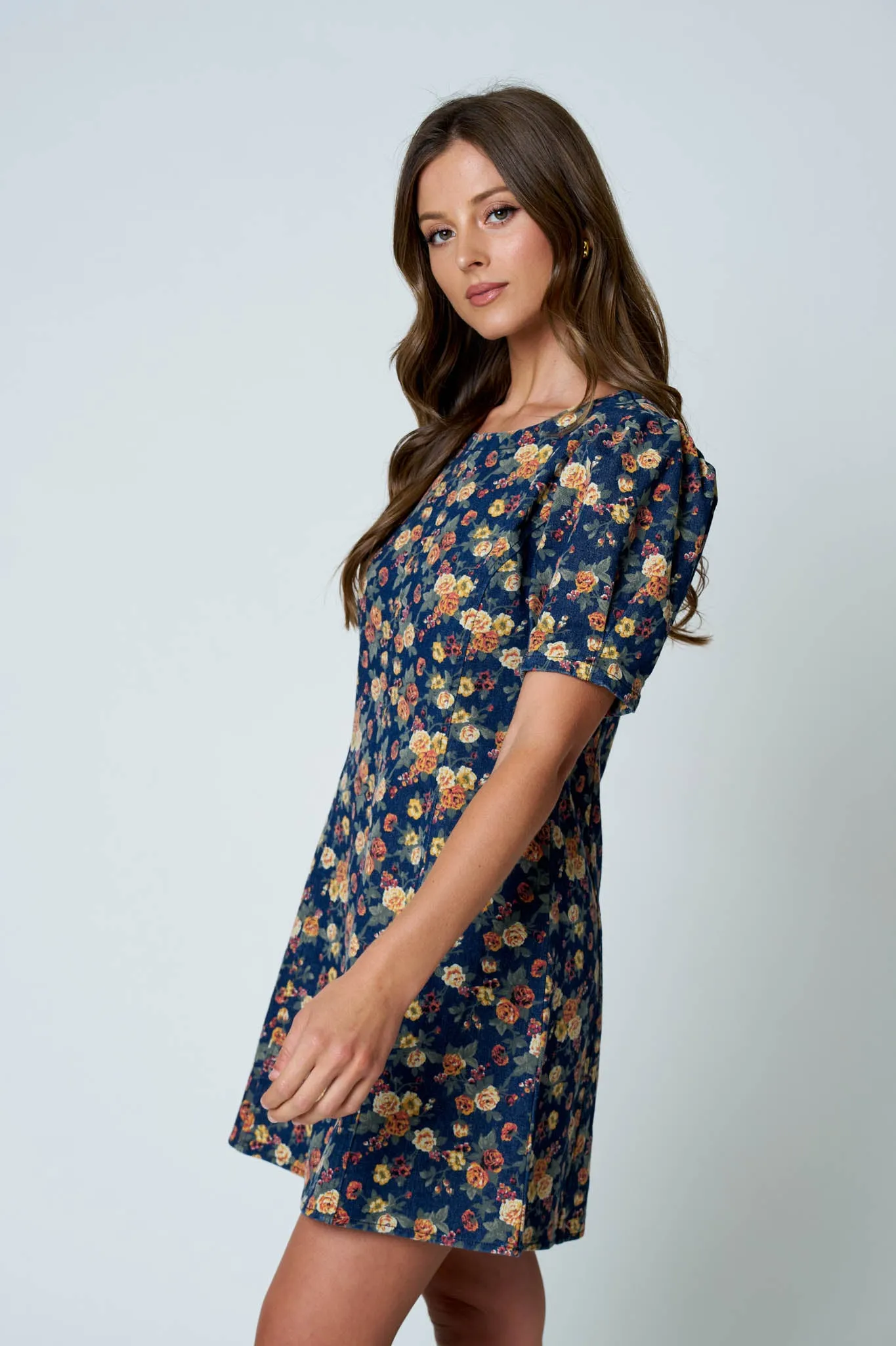 FLORAL PUFF SLEEVE SEAM DETAIL DENIM MINI DRESS (PRE-ORDER) sold by Blu Pepper product image thumbnail 3