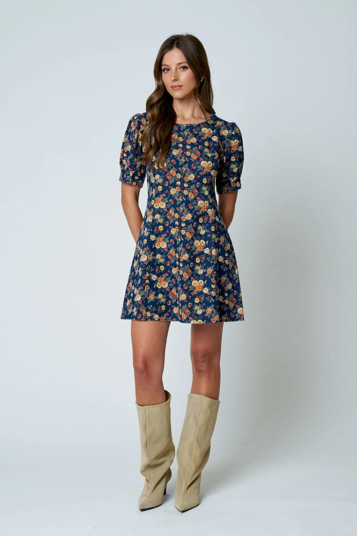 FLORAL PUFF SLEEVE SEAM DETAIL DENIM MINI DRESS (PRE-ORDER) sold by Blu Pepper product image thumbnail 5
