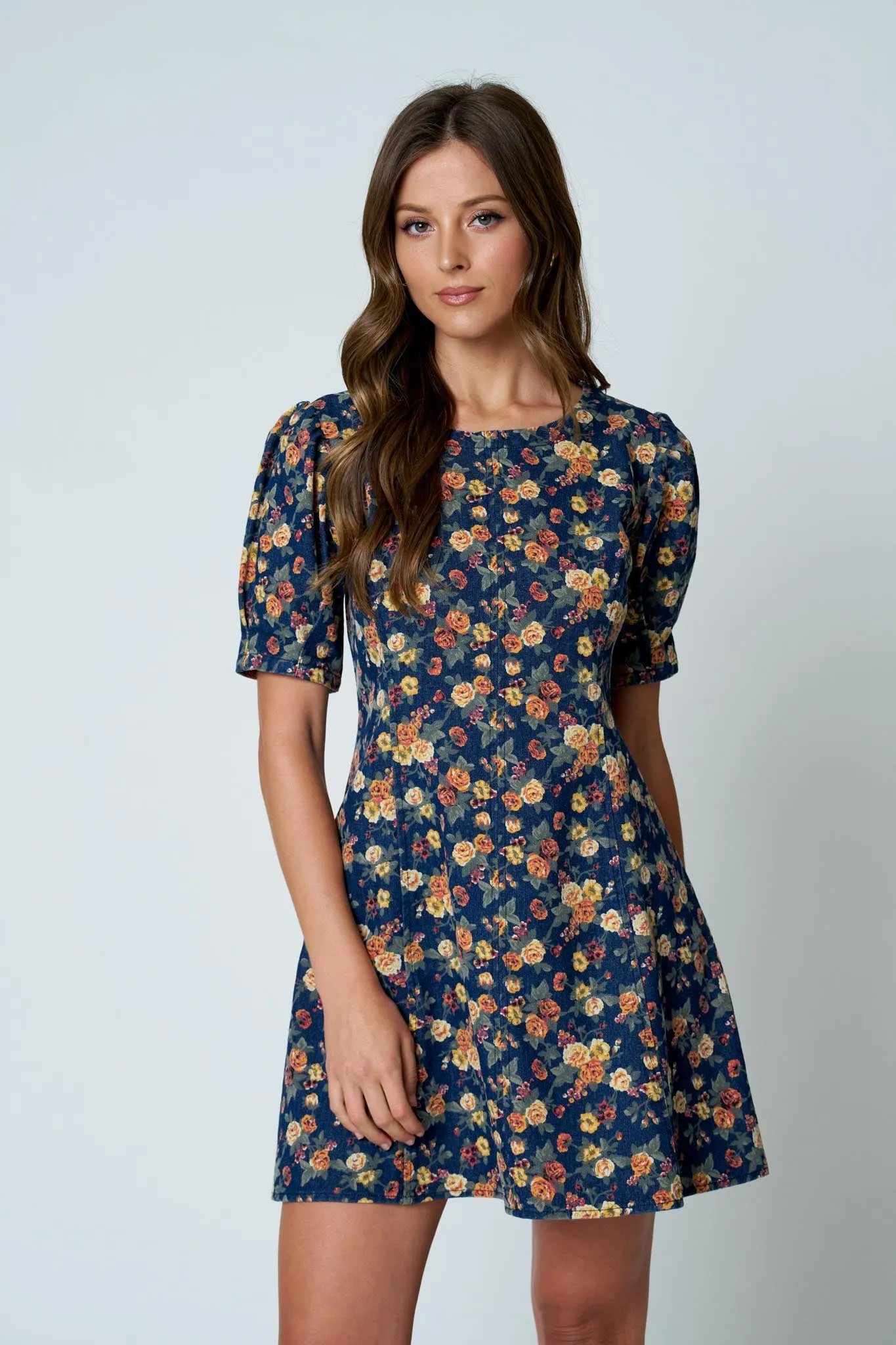 FLORAL PUFF SLEEVE SEAM DETAIL DENIM MINI DRESS (PRE-ORDER) sold by Blu Pepper product image thumbnail 4